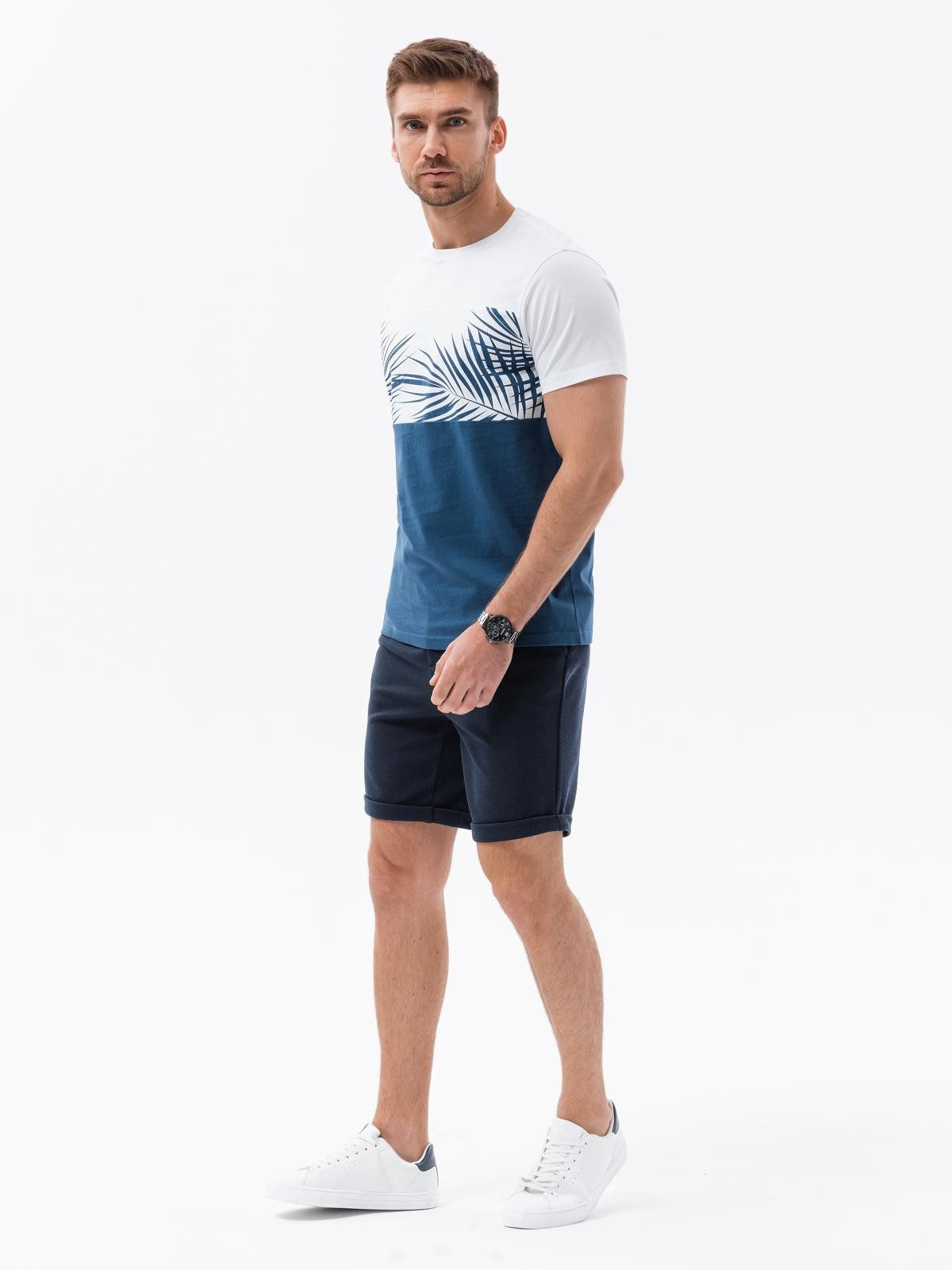 OMBRE T-Shirt Herren T-Shirt Palmblatt Casual Dark denim S (1-tlg) Palmblatt-Print