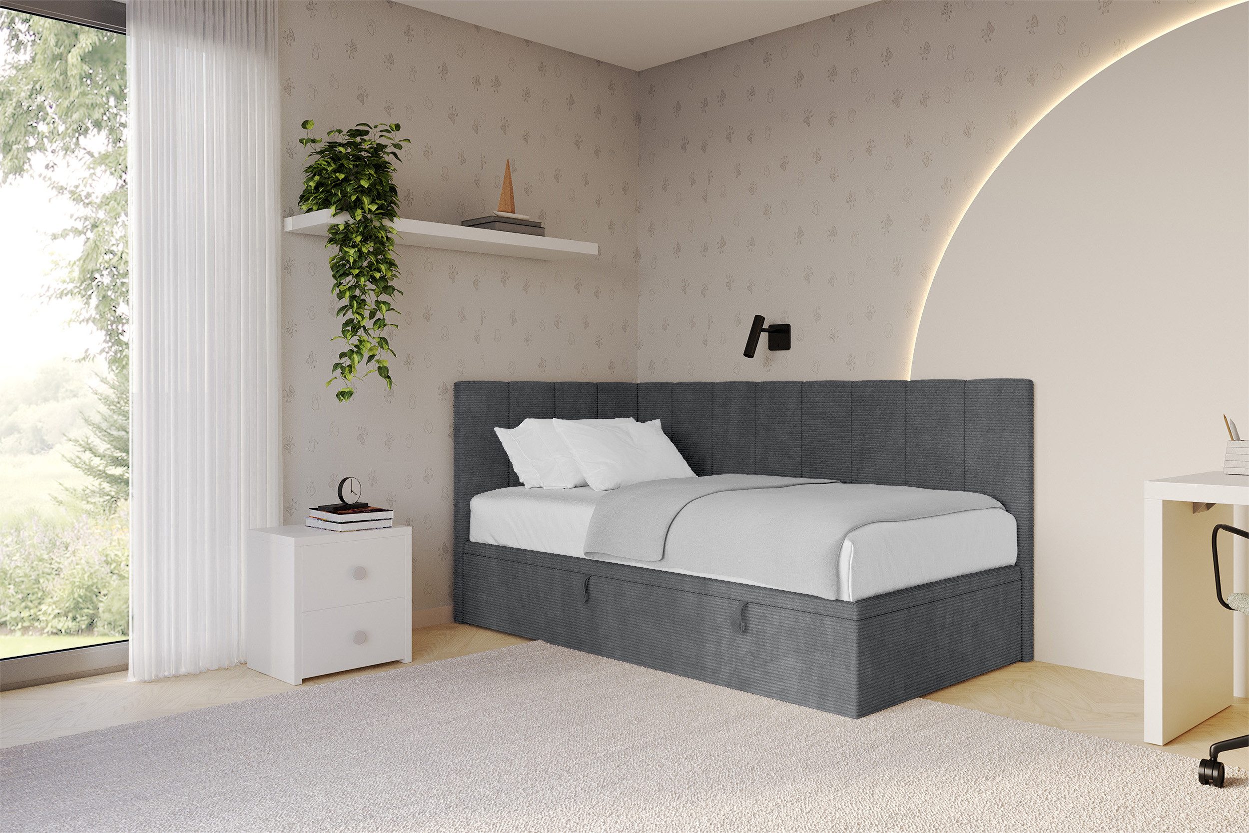 ALTDECOR Jugendbett LOVY (Jugendbett mit Bettkasten und Lattenrost, Polsterbett ohne Matratze), Eizelbett mit Stauraum, Bett mit Kopfteil