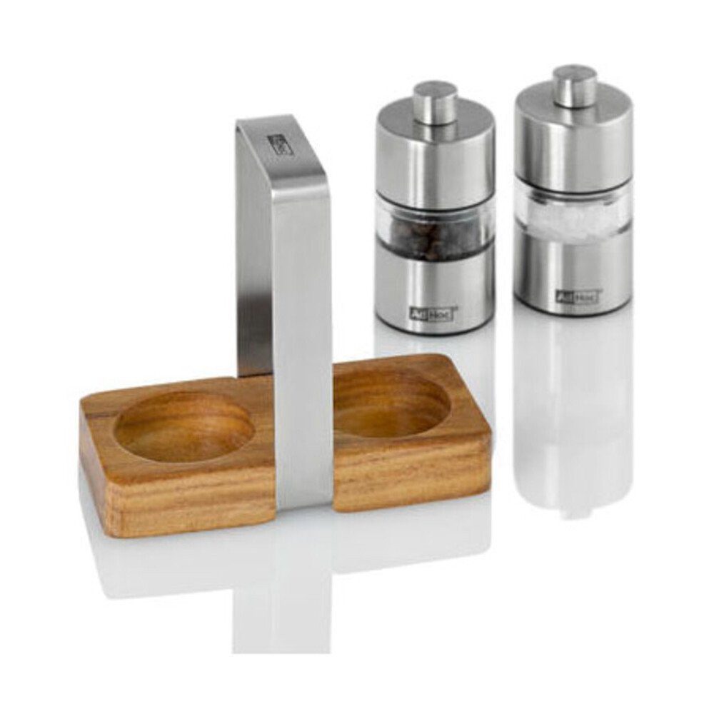 AdHoc Salz-/Pfeffermühle Pfeffer- und Salzmühle Menage 3-tlg. Minimill silber, (3 Stück), Pfeffer- und Salzmühle Menage, 3-tlg., 9,20cm, Edelstahl, silber – Bild 2 von 2