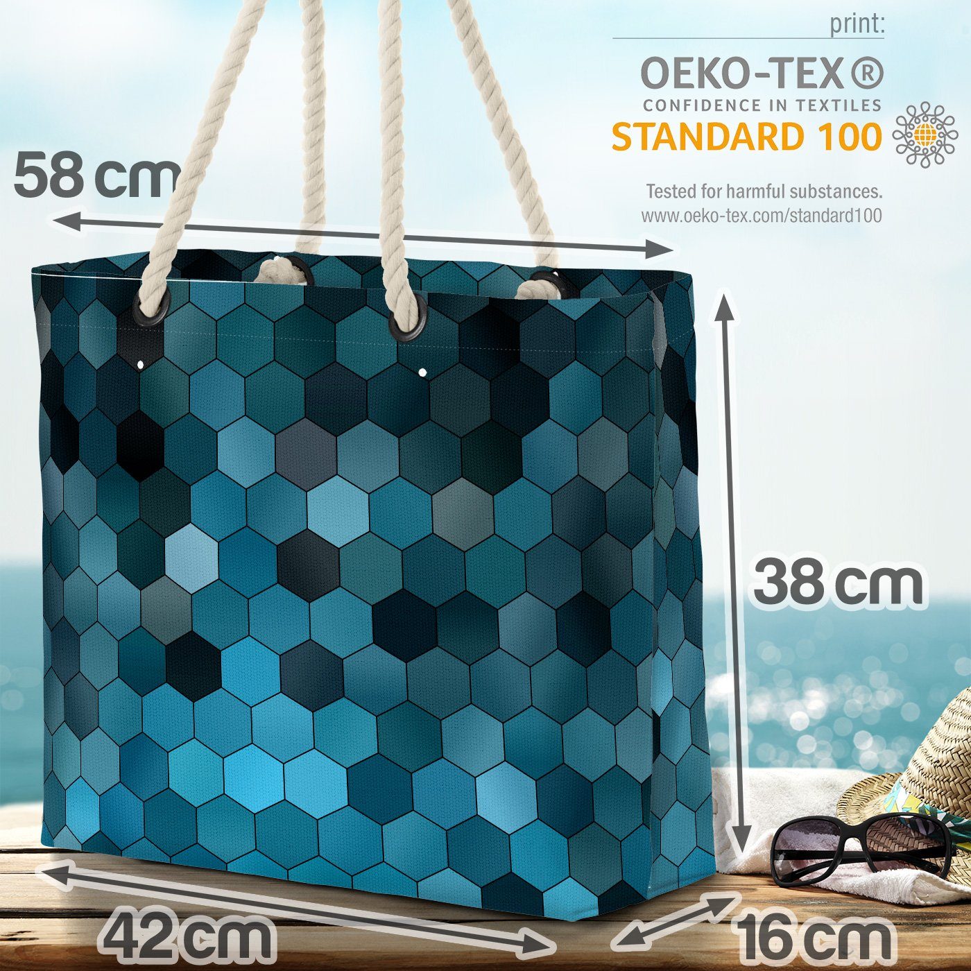 VOID Strandtasche (1-tlg), Hexagon Geometrisch Kunst Bag Grafik Technik Muster Türkis Beach Gemustert Blau