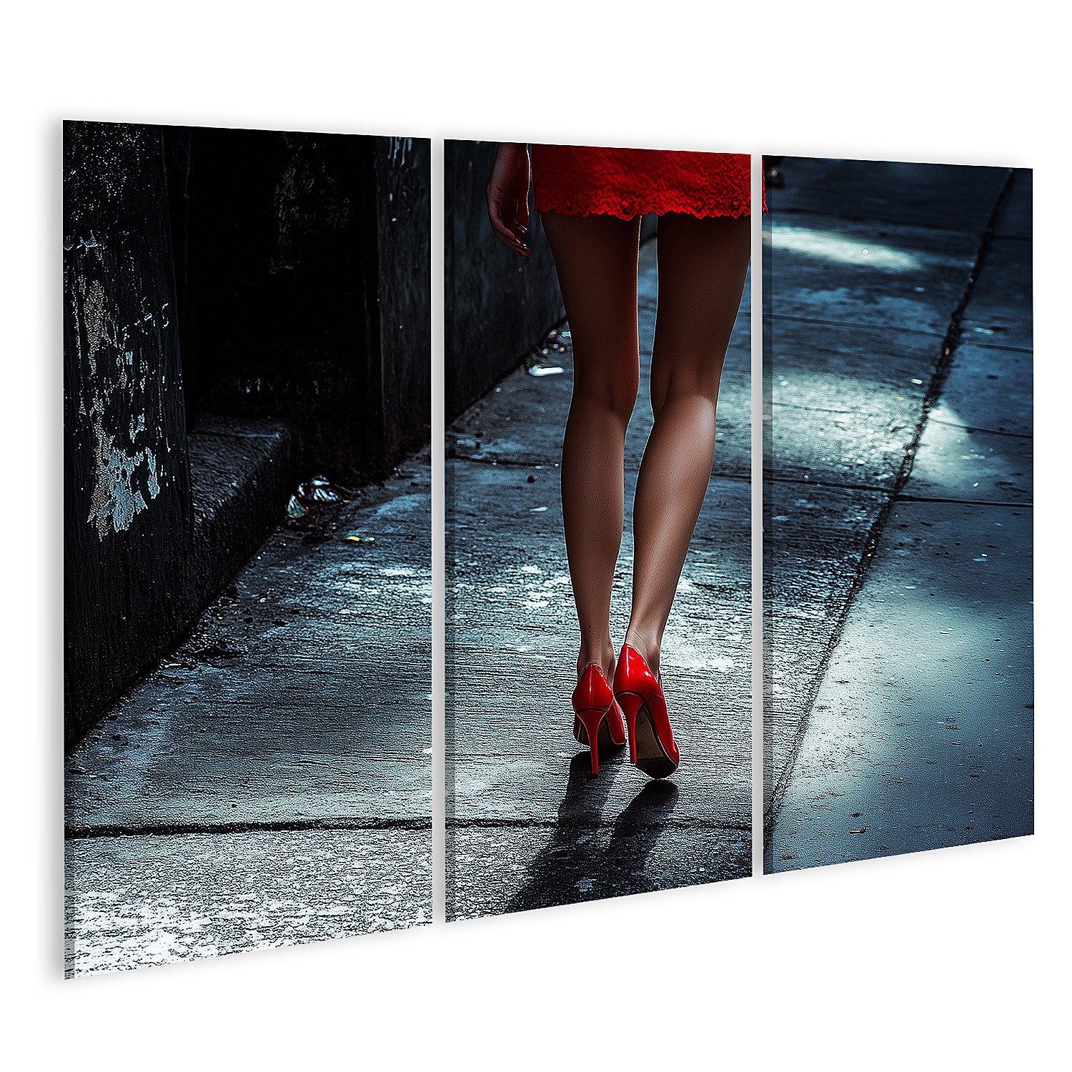 islandburner Leinwandbild Rote High Heels Schuhe auf nassem Pflaster