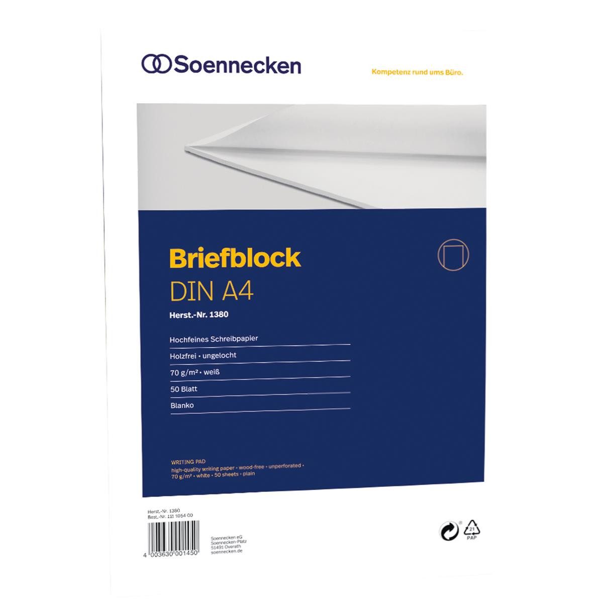 Soennecken Briefpapier Soennecken Briefblock 1380 DIN A4 70g holzfrei 50blatt blanko weiß