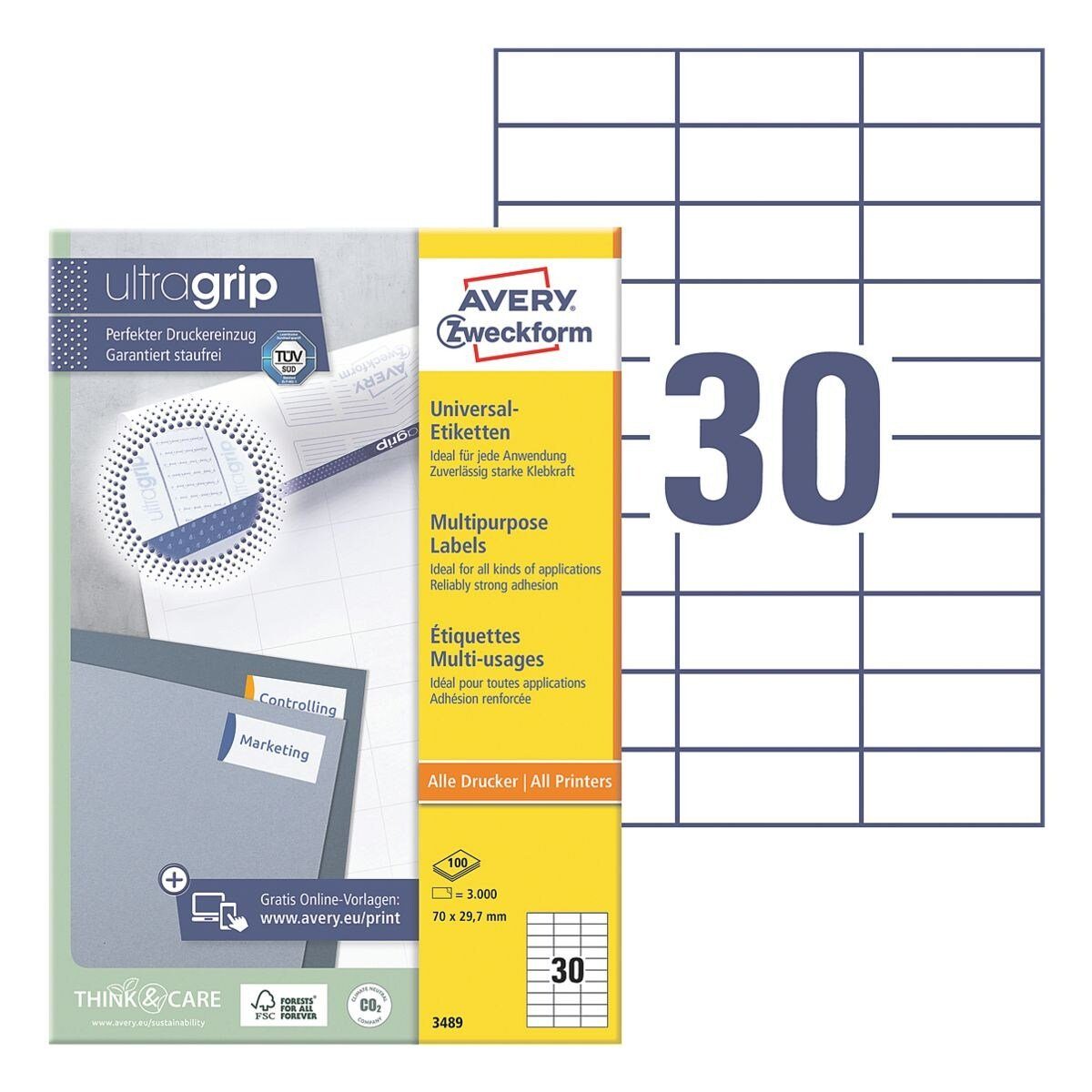 Avery Zweckform Etiketten 3489, 3000 Stück, Adresse universal (70x29,7 mm), selbstklebend