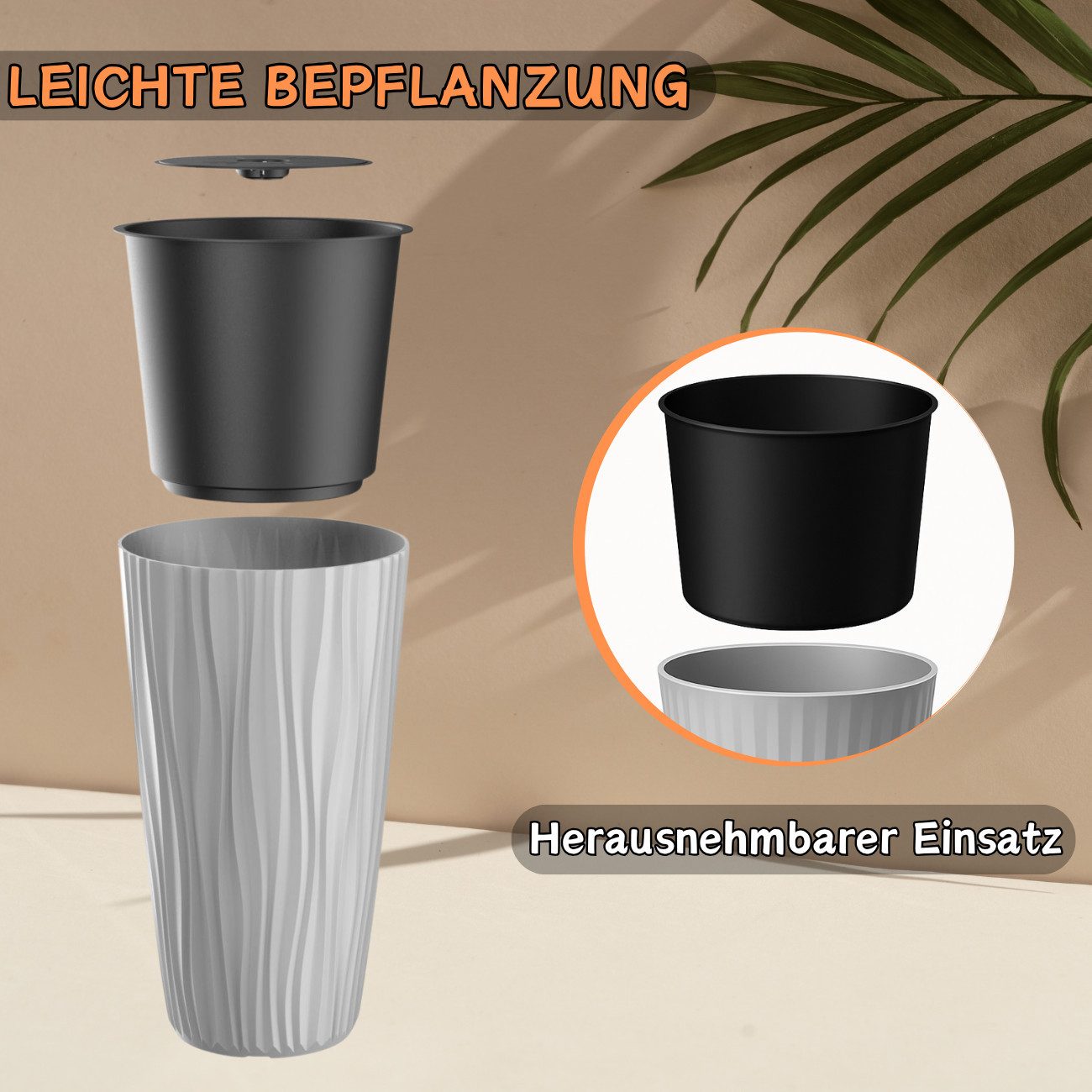 Engelland Blumentopf Pflanztopf mit herausnehmbarem Einsatz & Bewässerungssystem (1 St., robuster PP-Kunststoff), Wasserspeicher, Rillenoptik, hoch, rund, moder – Bild 4 von 5