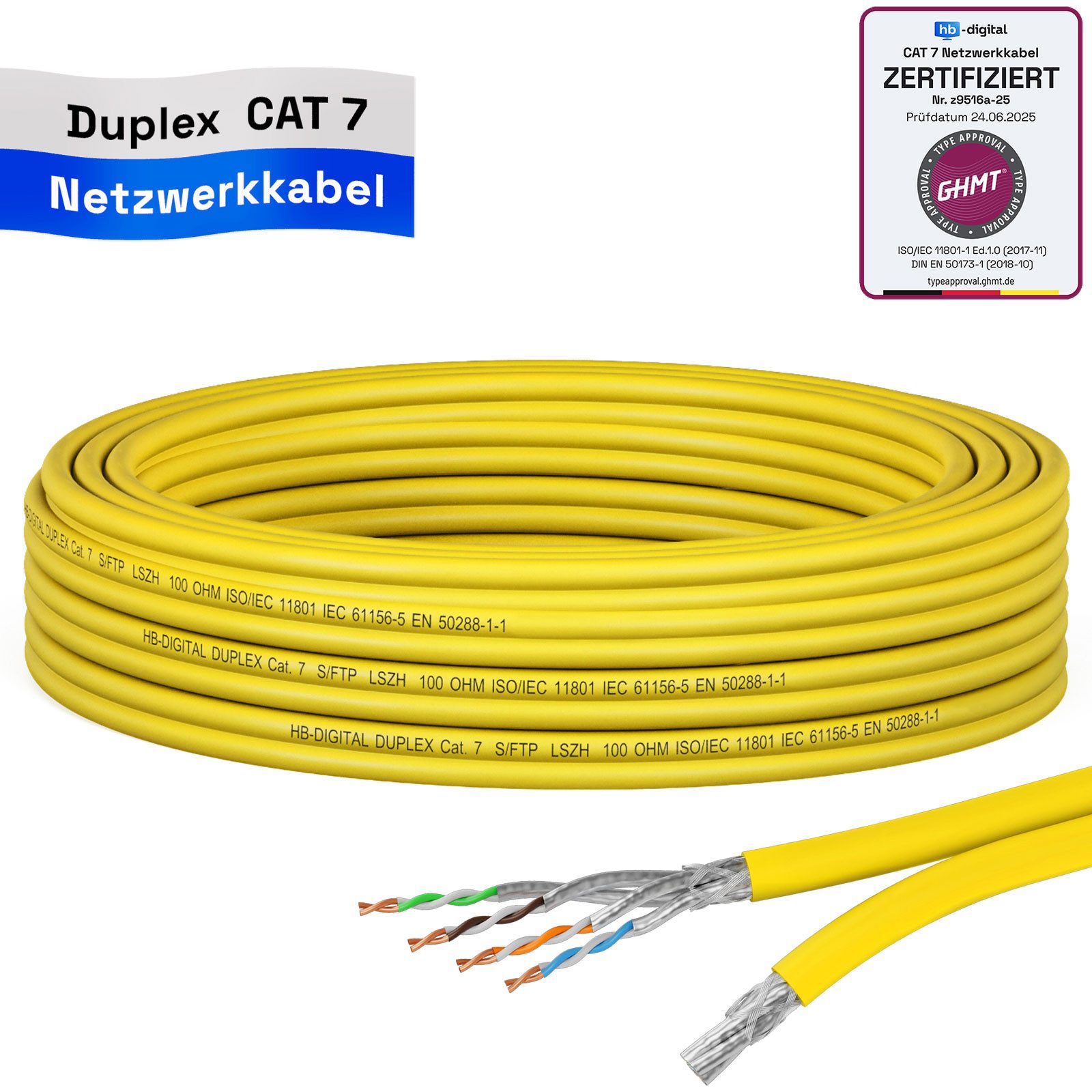 HB-DIGITAL CAT 7 Kabel Duplex Installationskabel Ethernet S/FTP LSZH AWG23 Netzwerkkabel, Netzwerkstecker, (500 cm), hochwertiges GHMT zertifiziertes reines Kupfer Duplex Verlegekabel