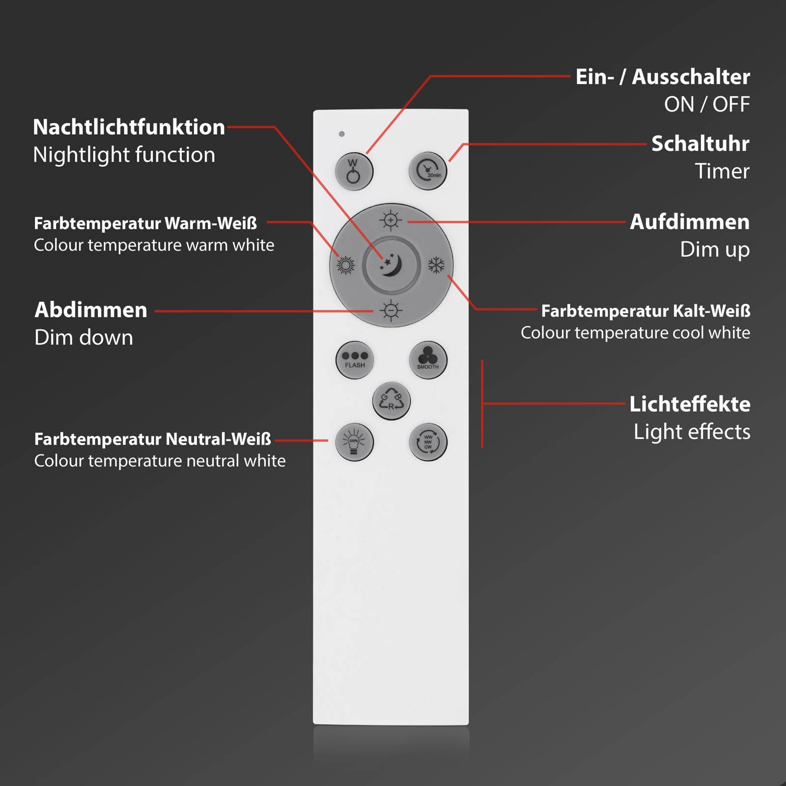 Neutralweiß, verbaut, Fernbedienung, Schlafzimmer, Leuchten LED Kaltweiß, Wohnzimmer, Weiß, LED Tageslichtweiß, Deckenleuchte ultraflach, Nachtlicht, fest Briloner dimmbar, CCT Speicherfunktion, 100x25x6,6cm, Deckenlampe, Farbwechsler, Küche Timer, 7054-016, Warmweiß, 24W, Farbtemperatursteuerung,