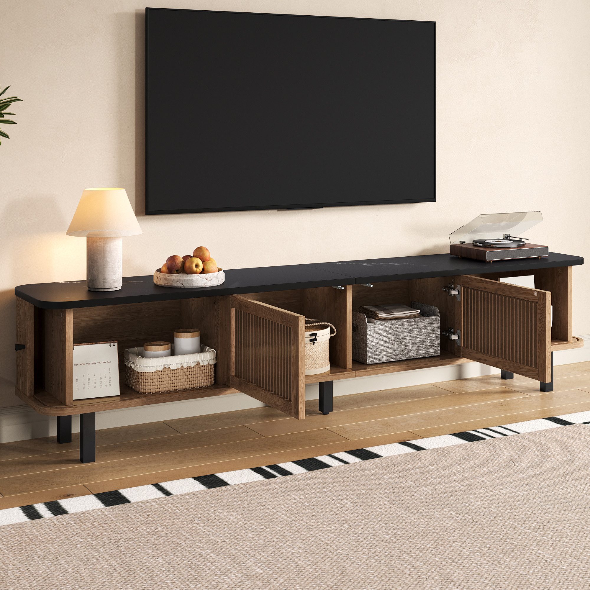 Merax Lowboard mit Gitterdesign und schwarzen Eisen-Griffe (1 St., Fernsehschrank in Oak/Walnut Optik), TV-Schrank mit 2 Schiebetüren, 2 Klapptüren & Stauraum, 190x35x45cm