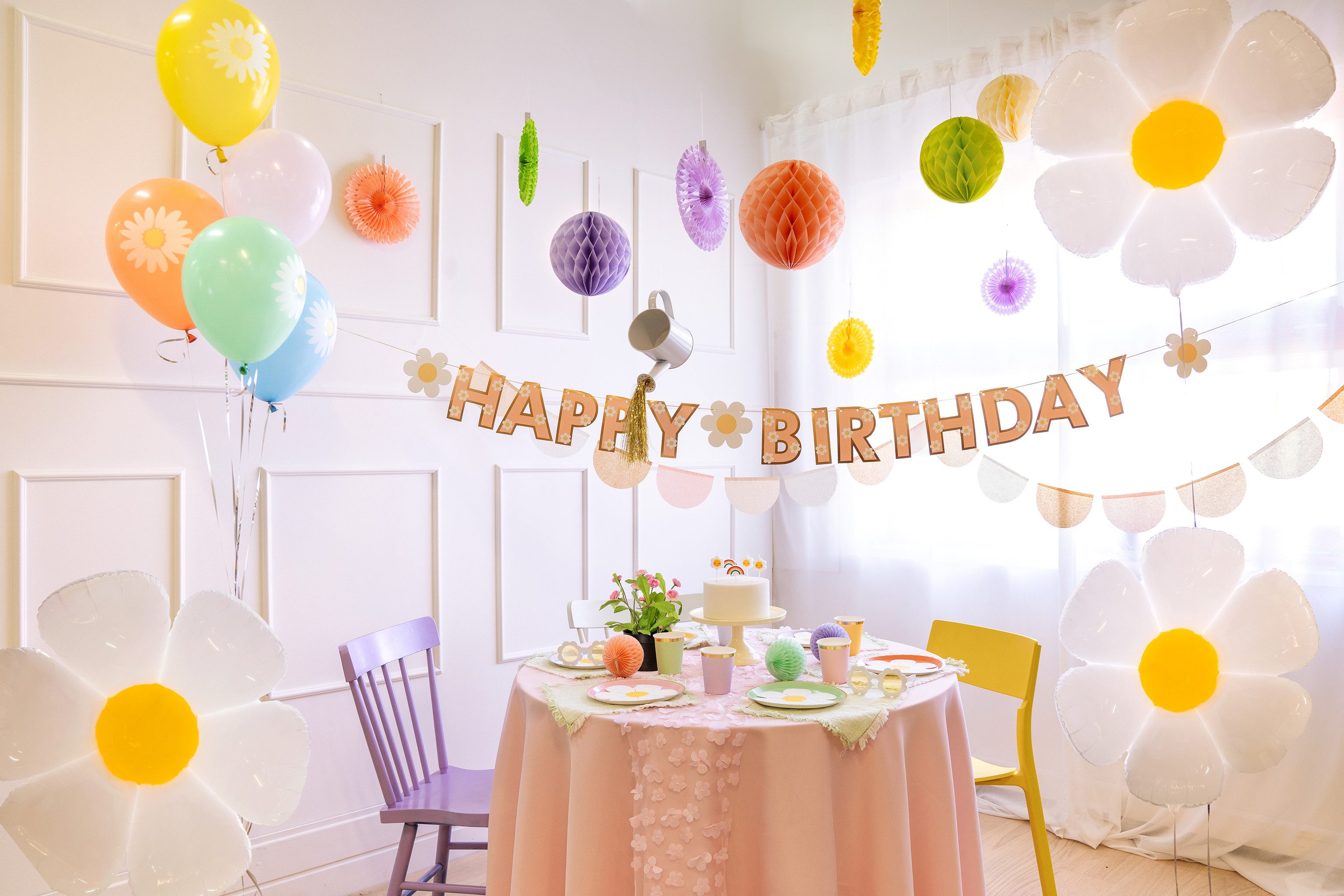 partydeco Girlande, Happy Birthday Girlande 14x200cm Gänseblümchen Banner Rosa / Gold
