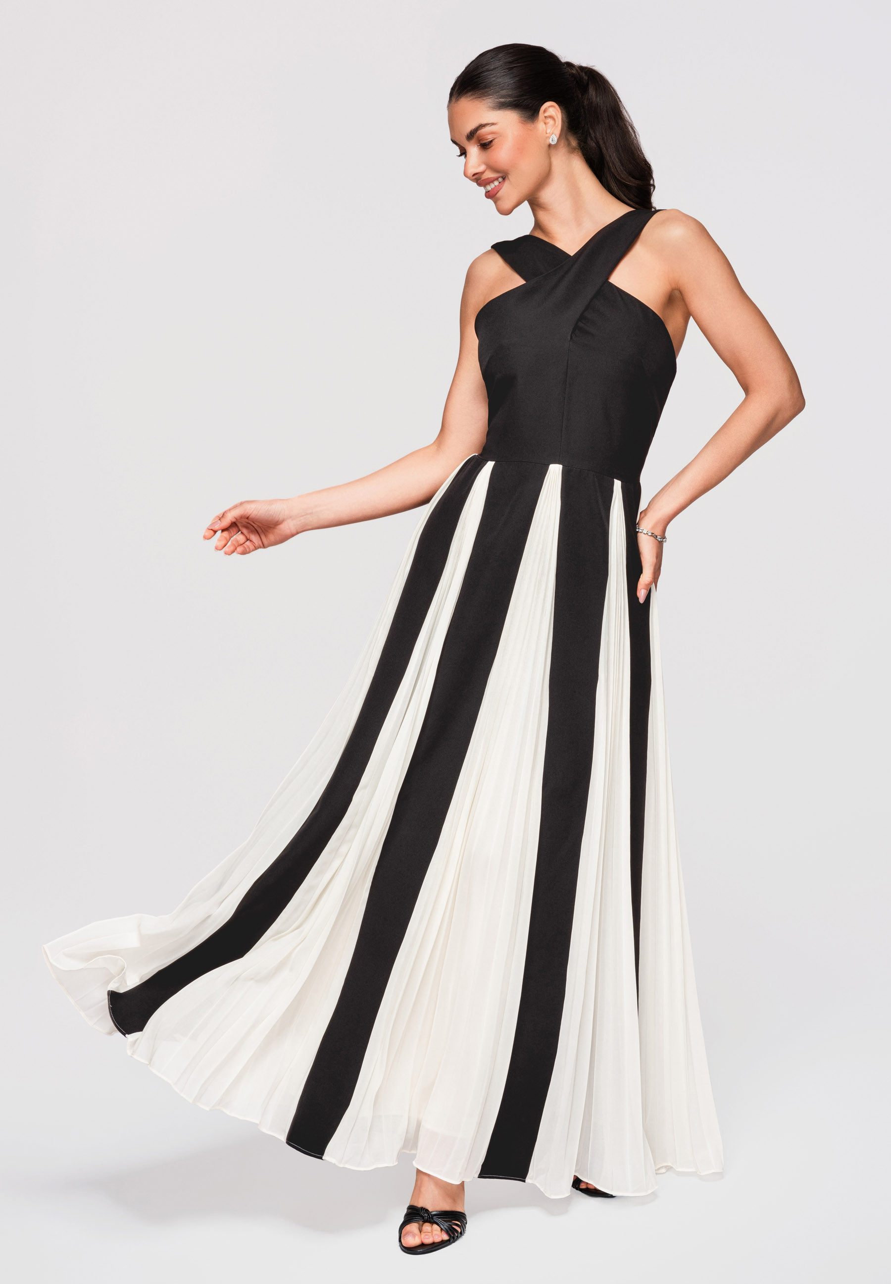 OMBRE Abendkleid Maxikleid Abendkleid mit Plissee Rock Schwarz M (kein Set, 1-tlg) Kontrastierende Paneele, plissierter Rock