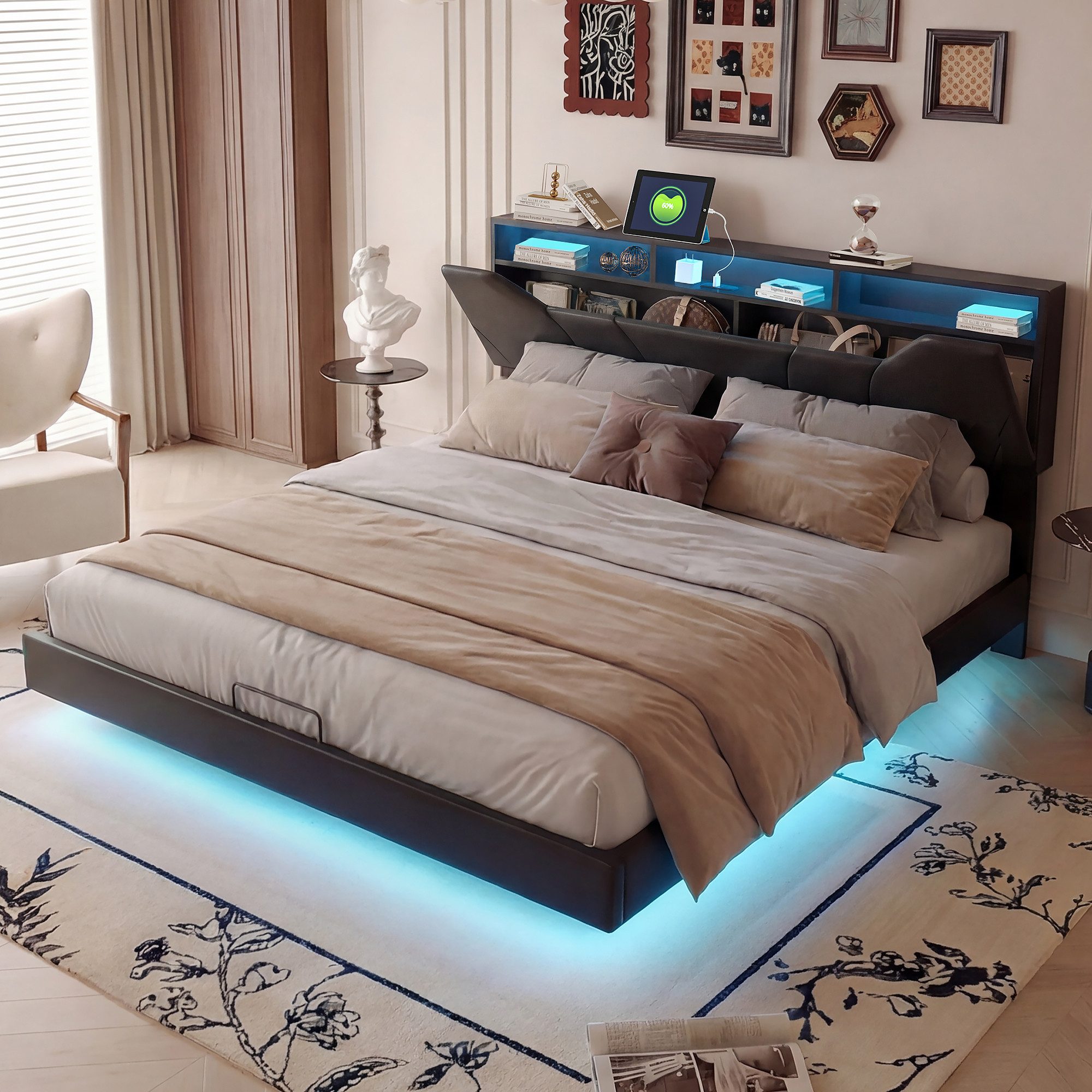 zebery Polsterbett Doppelbett Schwebebett mit LED-Beleuchtung (Set, 1-tlg., Aufklappbares Kopfteil mit Stauraum und Ladeanschluss), …