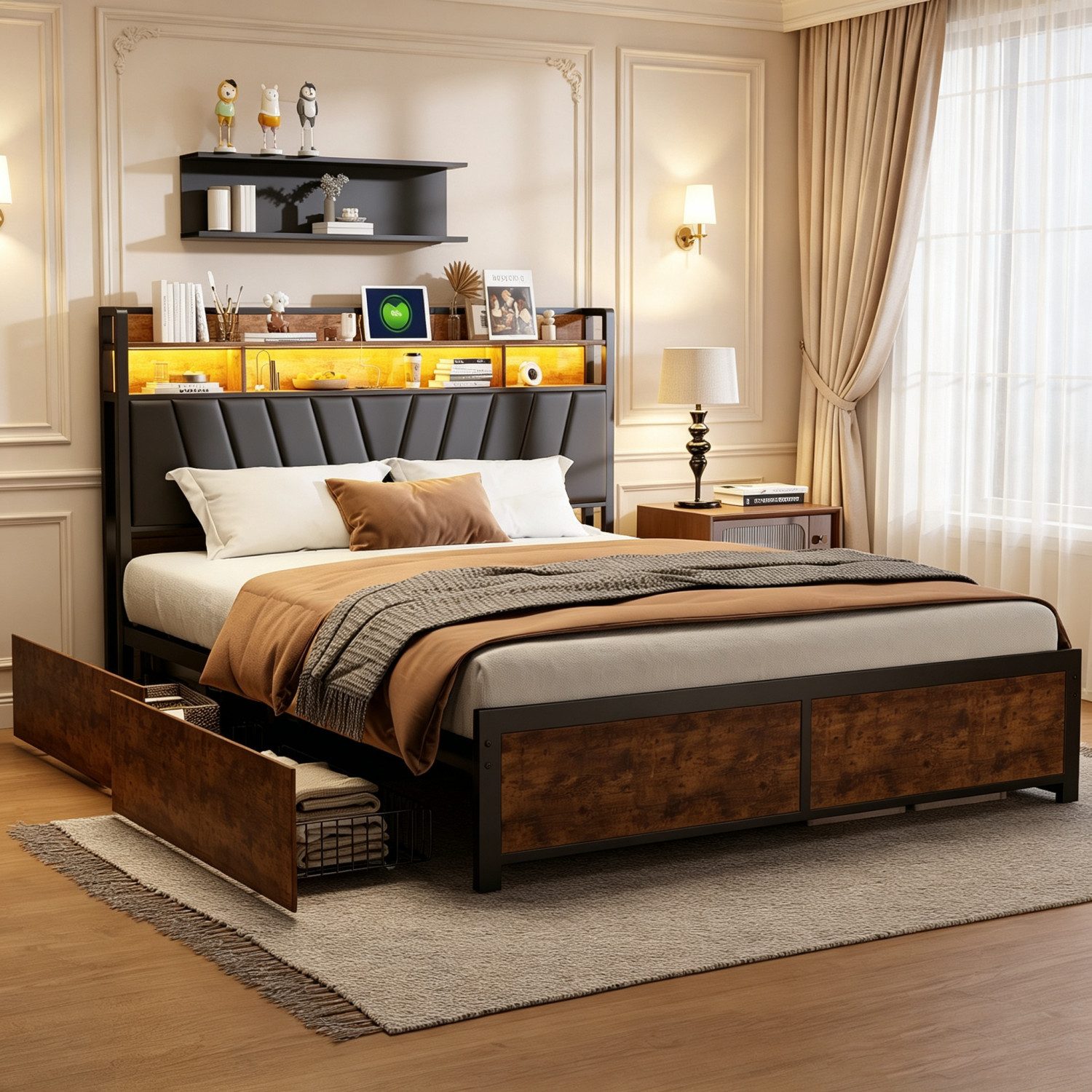 Simurq Bett Polsterbett mit Stauraum, Doppelbett mit LED & USB,Stahl Holz (Stauraumbett mit 4 Schubladen,Doppelbett mit Stauraum Kopfteil), Massivholzbett mit PU-gepolstertem Kopfteil und Lattenrost.180x200cm