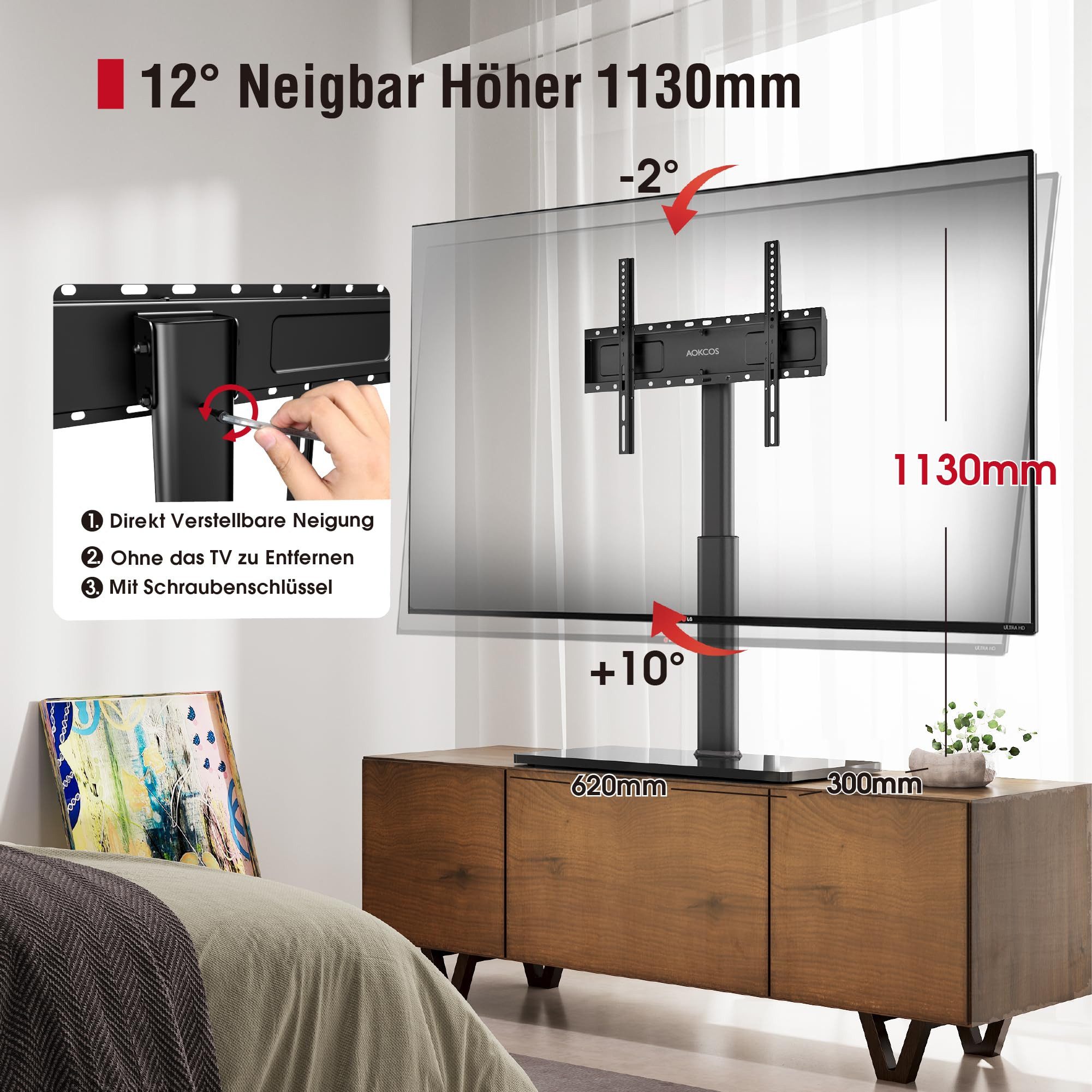 AOKCOS TV-Ständer höhenverstellbar, ± 25° schwenkbar, 43-85 Zoll, (bis 85 Zoll, -2° - 10° neigbar, rutschfeste Gummifüße, Tisch-TV-Ständer)