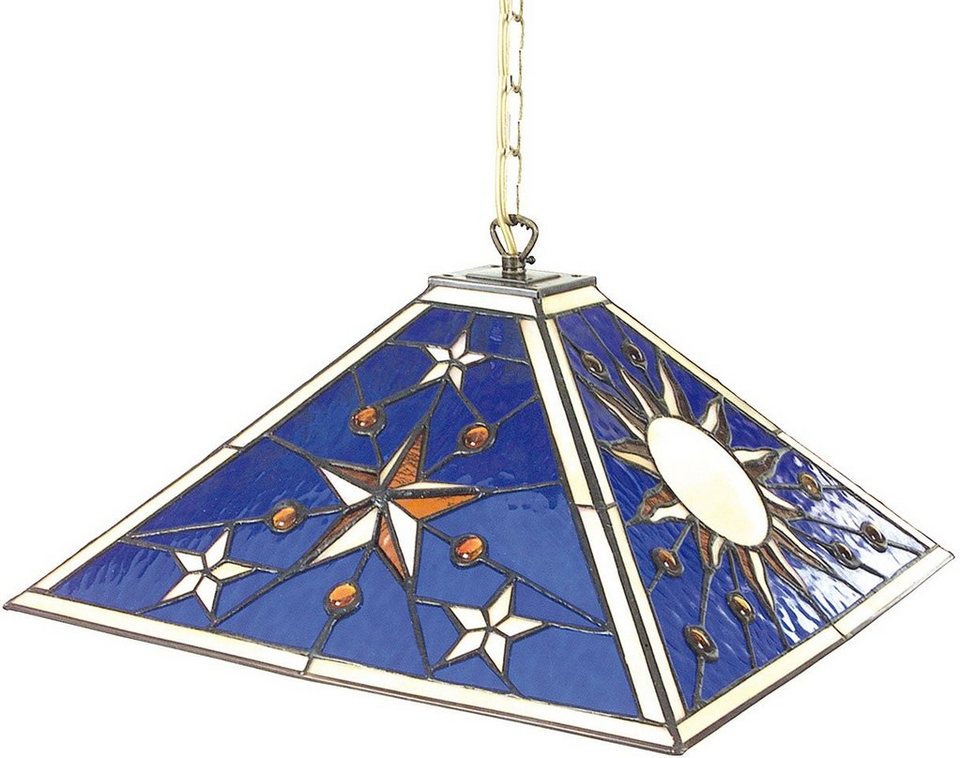 näve Pendelleuchte Pyra, ohne Leuchtmittel, Tiffany-Stil pyramidenförmig  Glas blau mit Sonne und Sternenmotiv