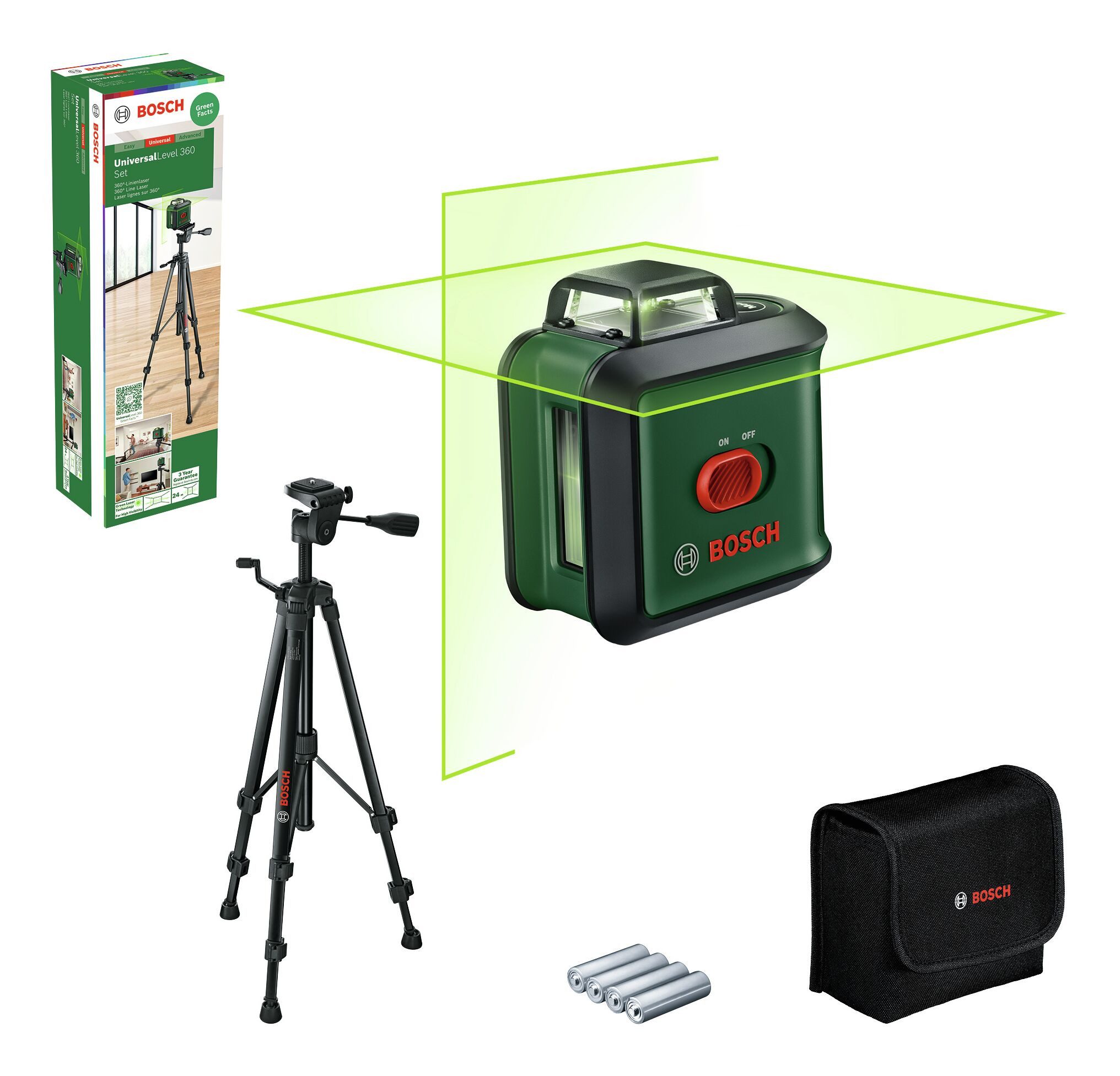 BOSCH Kreuzlinienlaser UniversalLevel 360 Set, Kreuzlinien-Laser mit Stativ TT 150 - im e-Commerce-Karton