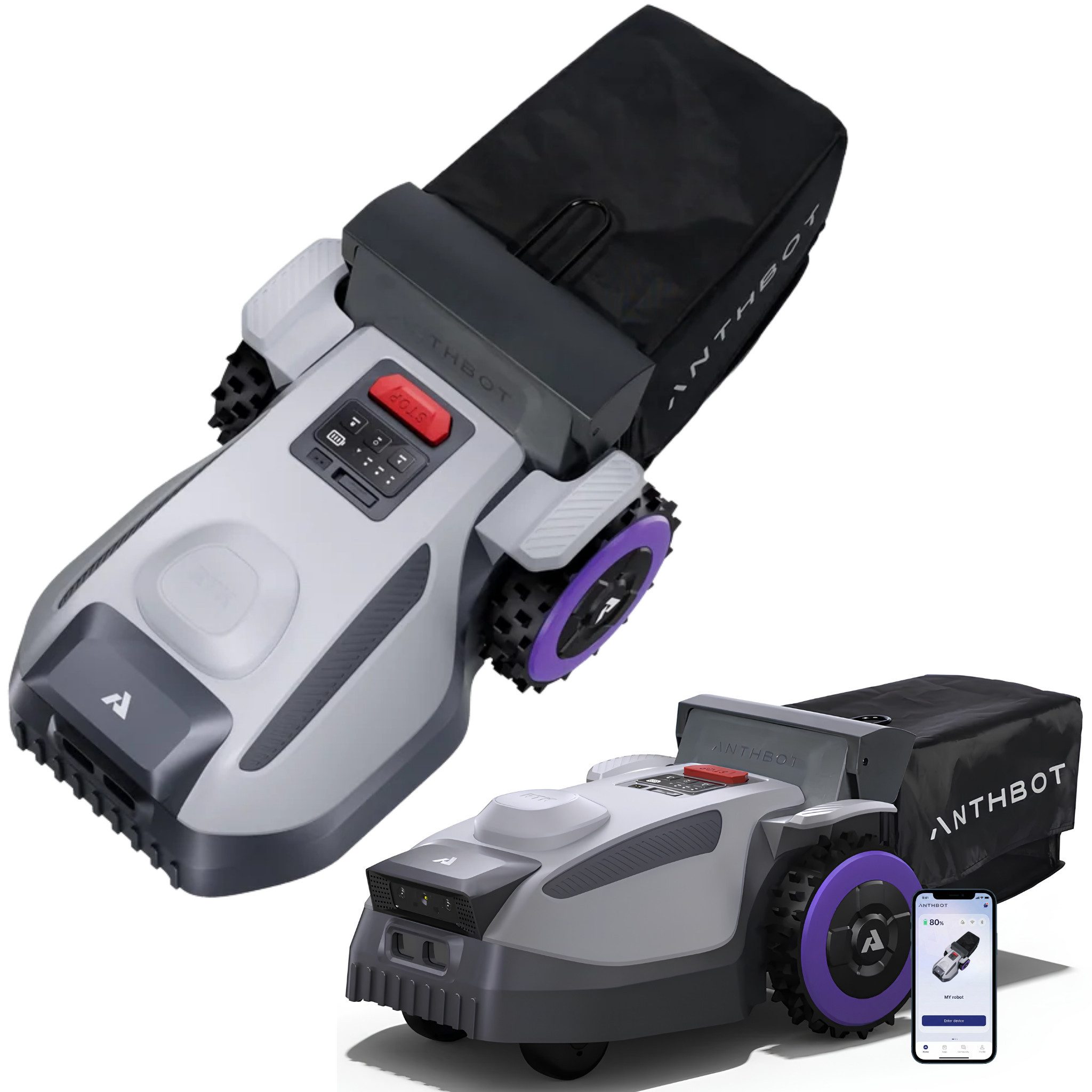 ANTHBOT Rasenmähroboter N8 Serie ohne Begrenzungskabel, 4-in-1, 23L Fangkorb, Auto-Entleerung, bis 1500 m² Rasenfläche, (Mähen, Mulchen, Sammeln & Laubkehren für Sommer & Herbst, Full-Band-RTK, HDR-Dual-Vision & KI-Hindernisvermeidung), Auto-Kartierung, Schnitthöhe per App, bis 45 % Steigung, 4G-Modul