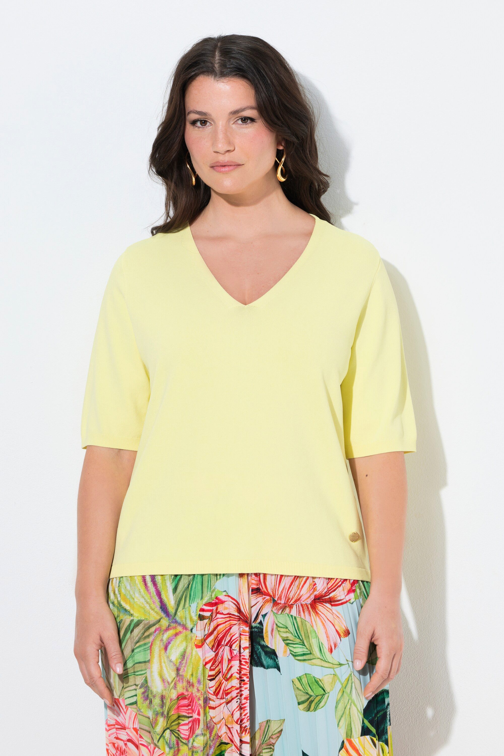 Ulla Popken Strickpullover Pullover elastischer Saum V-Ausschnitt Halbarm