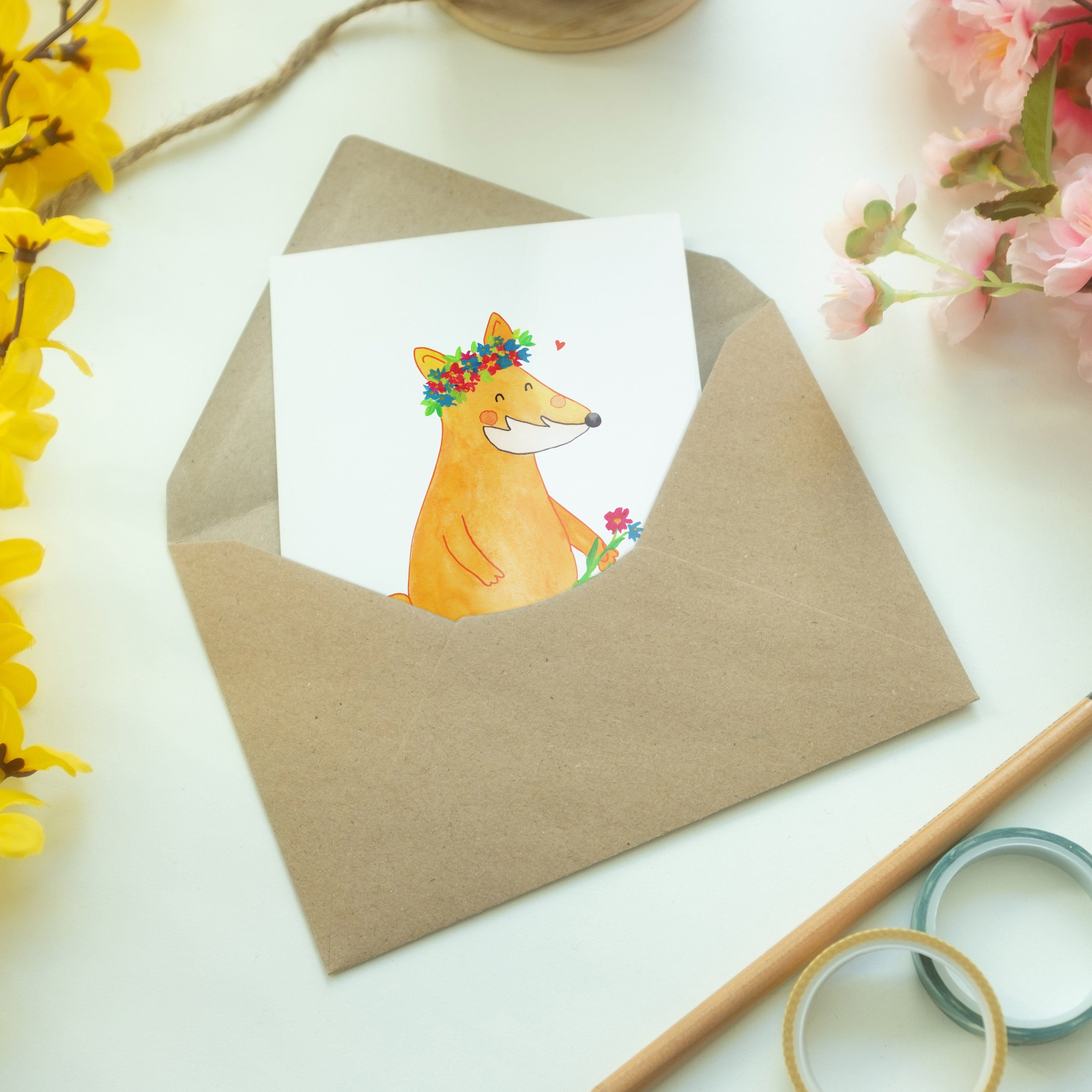 Mr. & Fuchs Geburtstagskarte Weiß Geschenk, Blumenliebe - Panda - Hochzeitskarte, Grußkarte Mrs