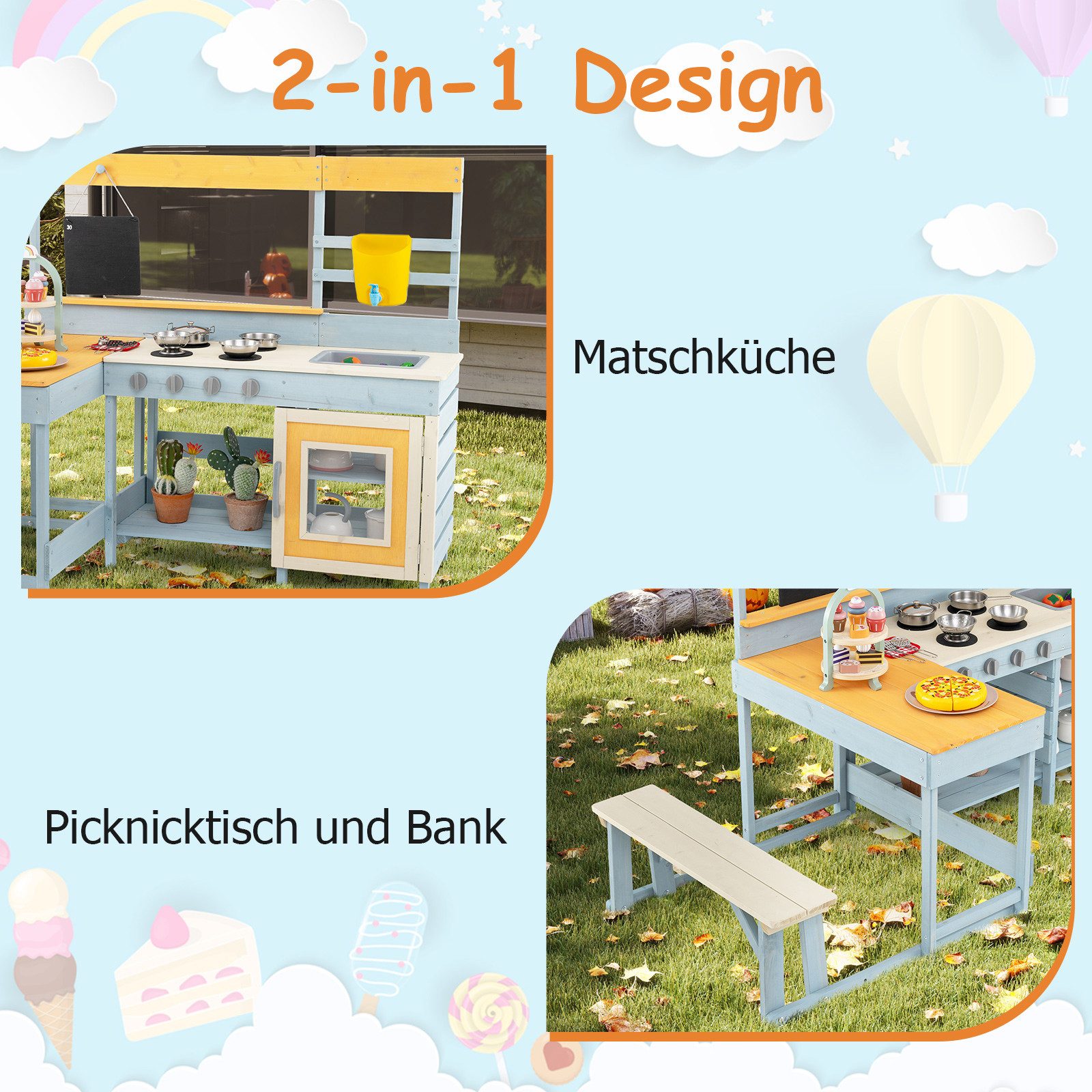 COSTWAY Outdoor-Spielküche Fichtenholz, Edelstahl, Matschenküche mit Picknicktisch, eingebauter Bank, Tafel