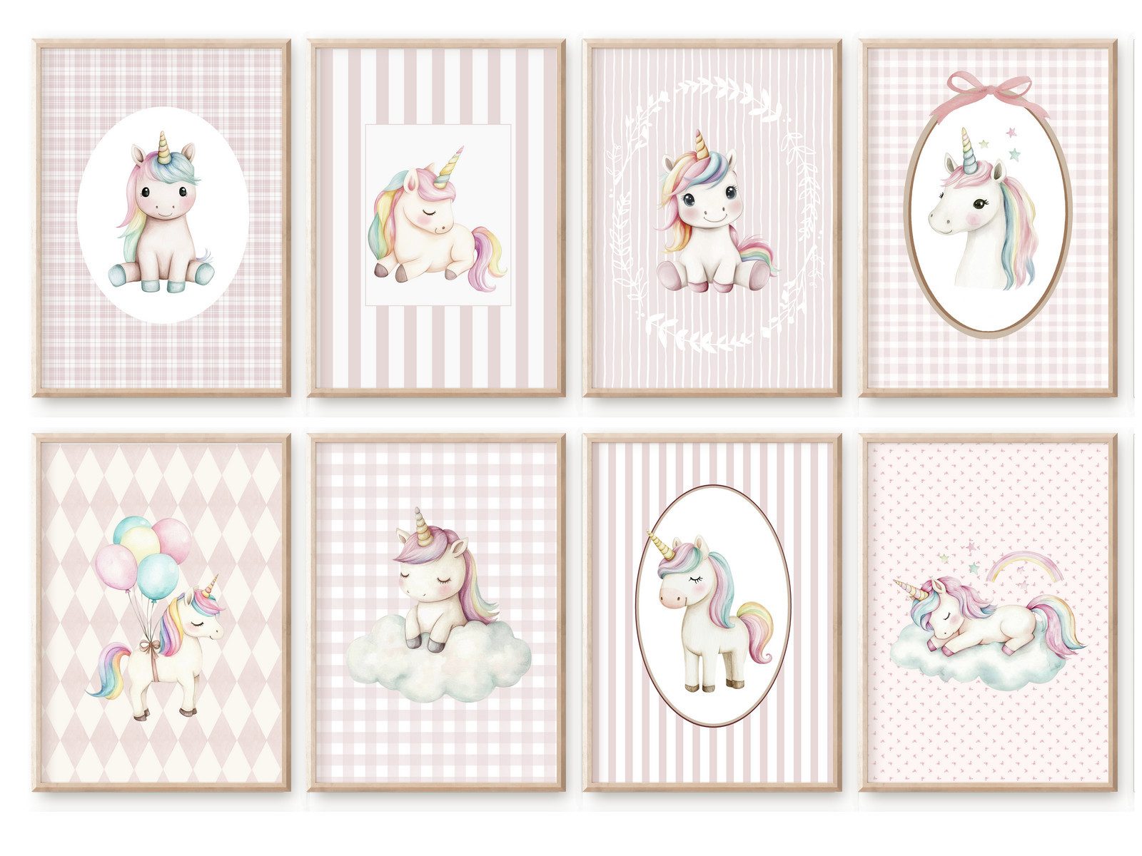 homestyle-accessoires Mehrteilige Bilder Kinderzimmer Bilderwand 8erSet Bilderset Babyzimmer EINHORN, Hochformat, Künstlerpapier, ohne Rahmen