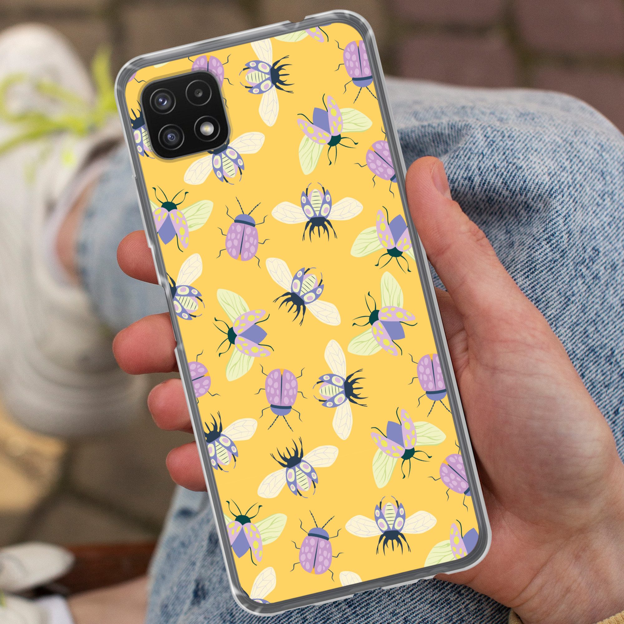 MuchoWow Handyhülle für Samsung Galaxy A22 5G Insekten - Muster - Gelb - Lila - Farbenfroh, Smartphone-Bumper, Print, Handy Schutzhülle Dünn
