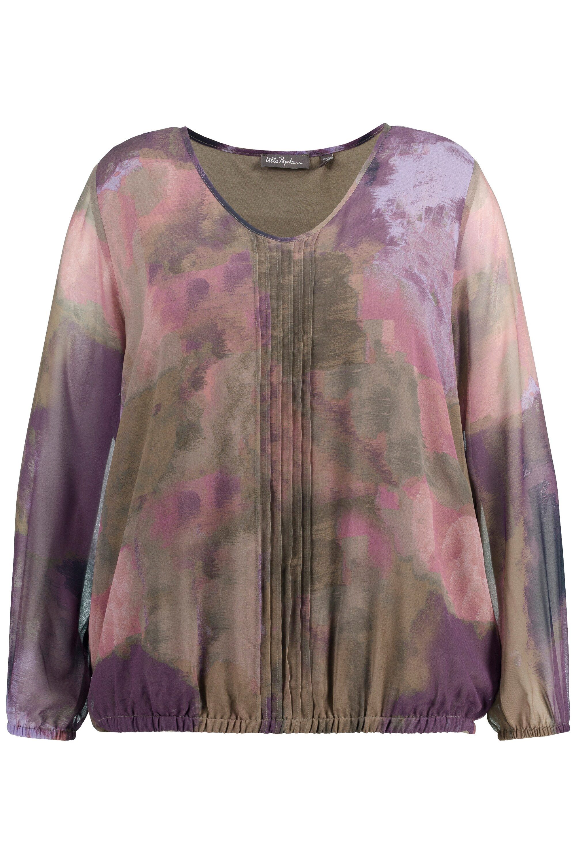 Ulla Popken Longbluse Bluse Chiffon V-Ausschnitt Gummisaum Langarm günstig online kaufen