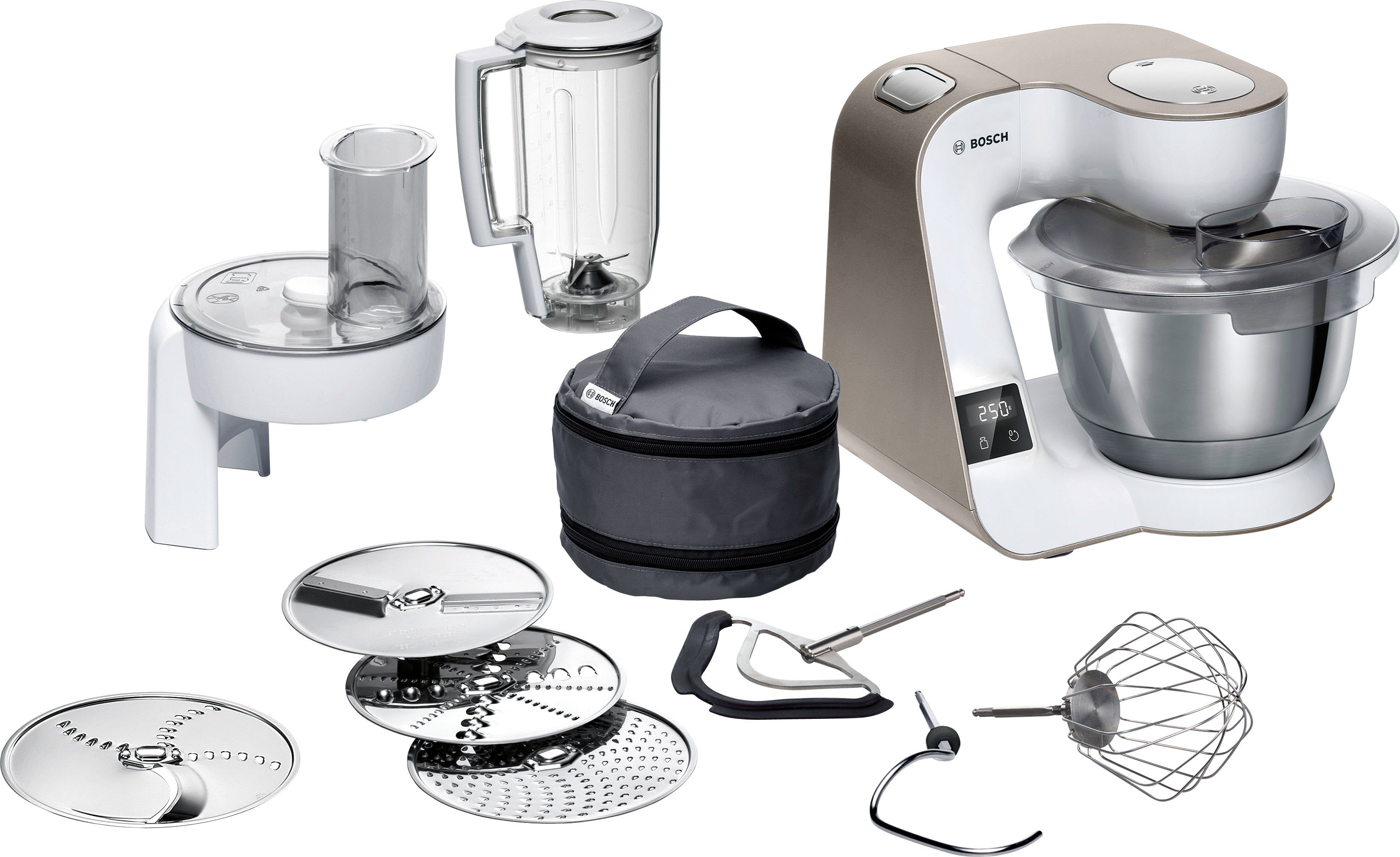 BOSCH Küchenmaschine MUM5XW20 MUM5, 1000 W, 3,9 l Schüssel, int. Waage, Patisserieset, Durchlaufschnitzler, 3 Scheiben, Mixer