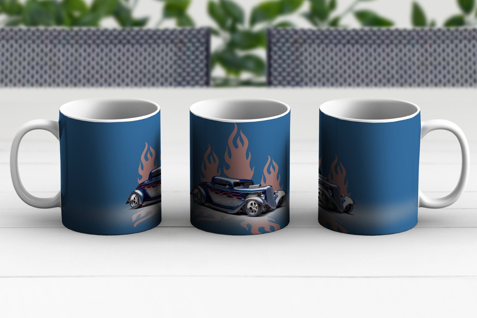 - Auto - Vintage, Blau Becher, Tasse Geschenk MuchoWow Kaffeetassen, - Keramik, Teetasse, Flammen Teetasse,