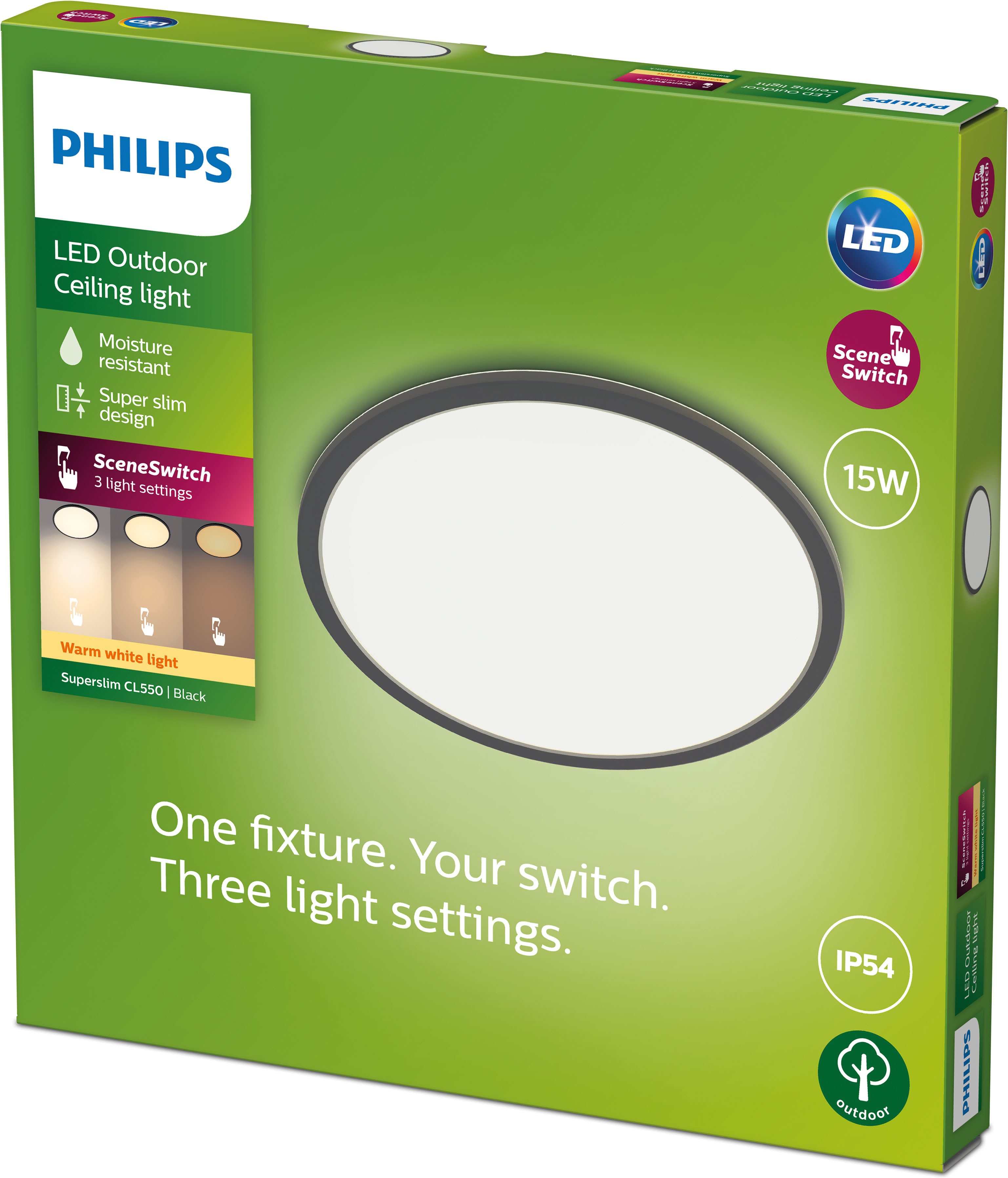 Philips LED Deckenleuchte Superslim 3-in-1 SceneSwitch CL550 IP54 1300lm 2700K, schwarz, Abschaltautomatik, CCT - über Fernbedienung, Dimmer, Dimmfunktion, Farbsteuerung, Farbwechsel, Fernbedienung, Infrarot inkl., dimmbar über Fernbedienung, mehrere Helligkeitsstufen, LED fest integriert, warmweiß - kaltweiß