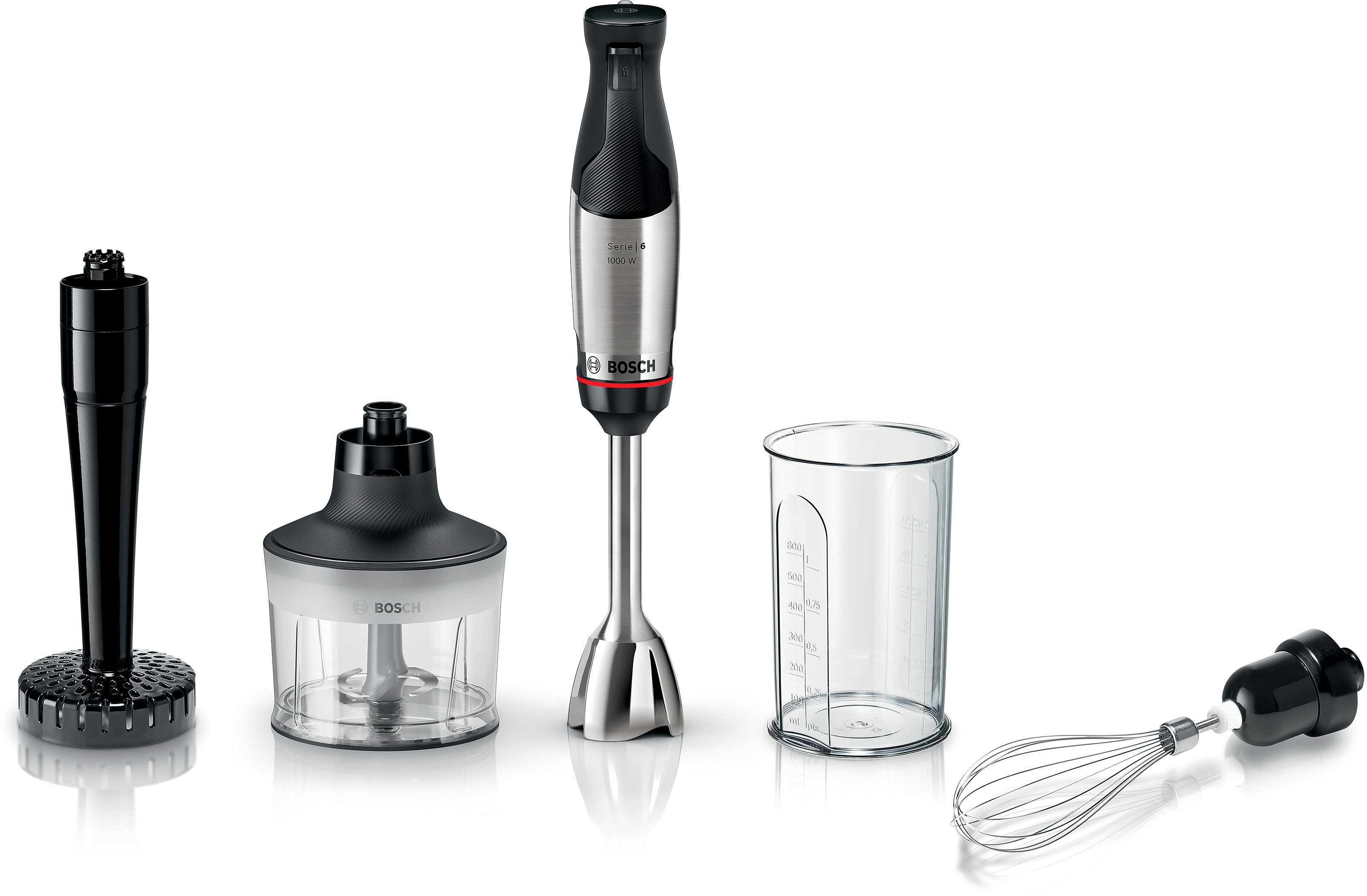 BOSCH Stabmixer ErgoMaster Serie 6 MSM6M633, Zerkleinerer, Kartoffelstampfer, Edelst., 1000 W, Schneebesen, Becher, Metallkuplung, …