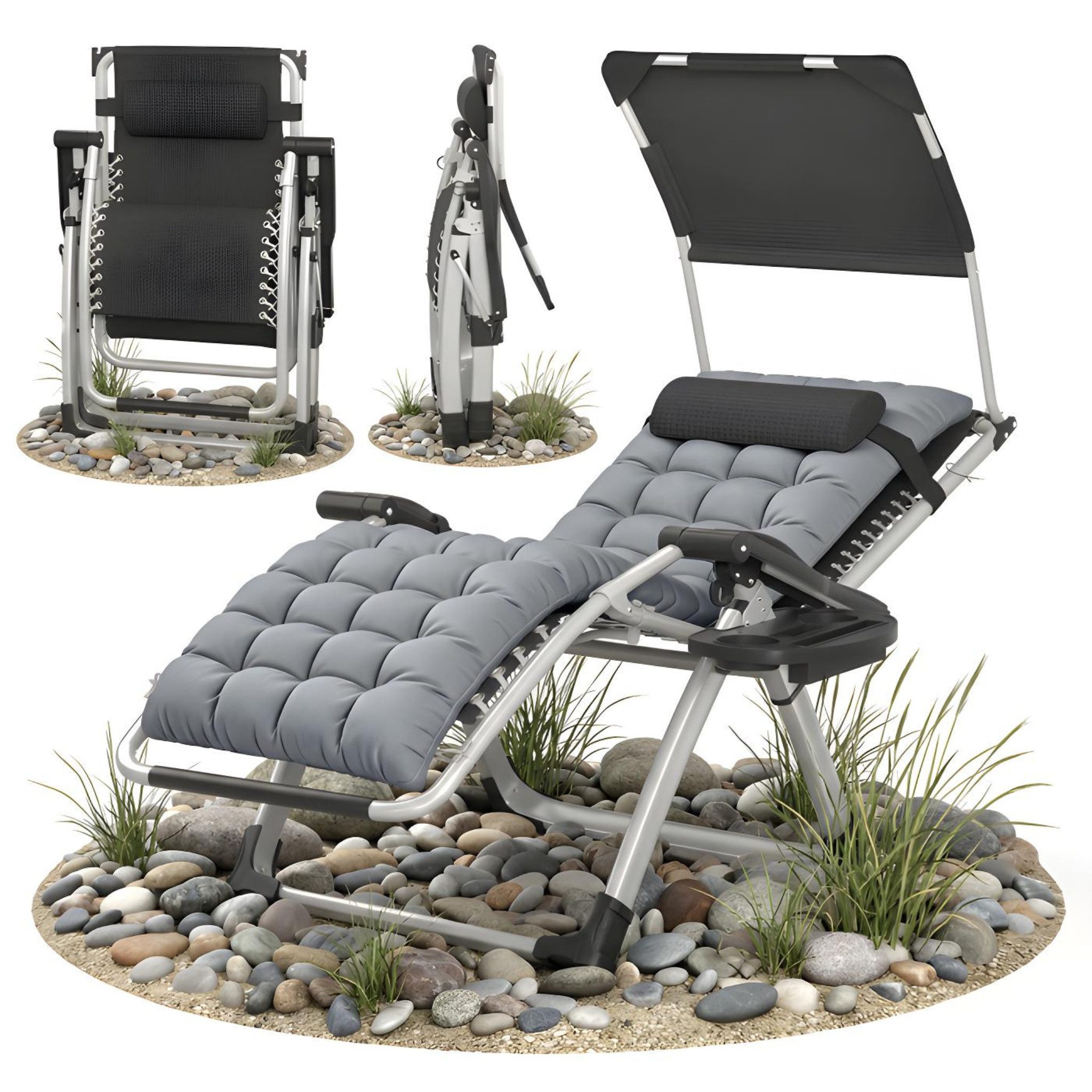 Norvéa Home Relaxliege Relaxliege Gartenliege klappbar mit Sonnendach Polster 150 kg, Einzelartikel, 6-fach verstellbar, klappbar, mit Auflage und Kopfkissen