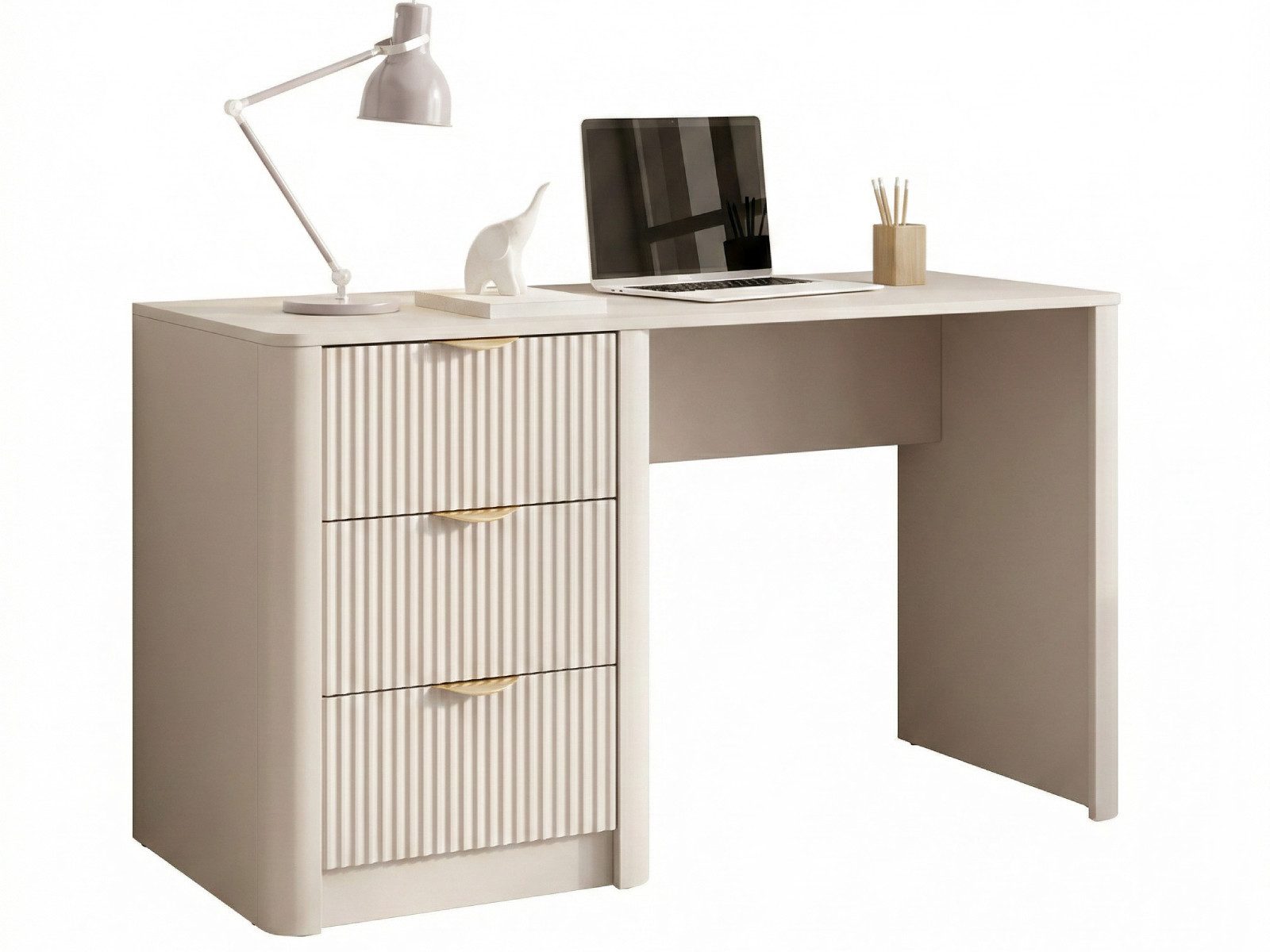 yourhouse24 Schreibtisch Lante 3S Beige Kaschmir geriffelte Fronten (1-St., Ohne Dekoration, ohne Stuhl), Geriffelte Fronten, runde Ecken, goldfarbene Griffe