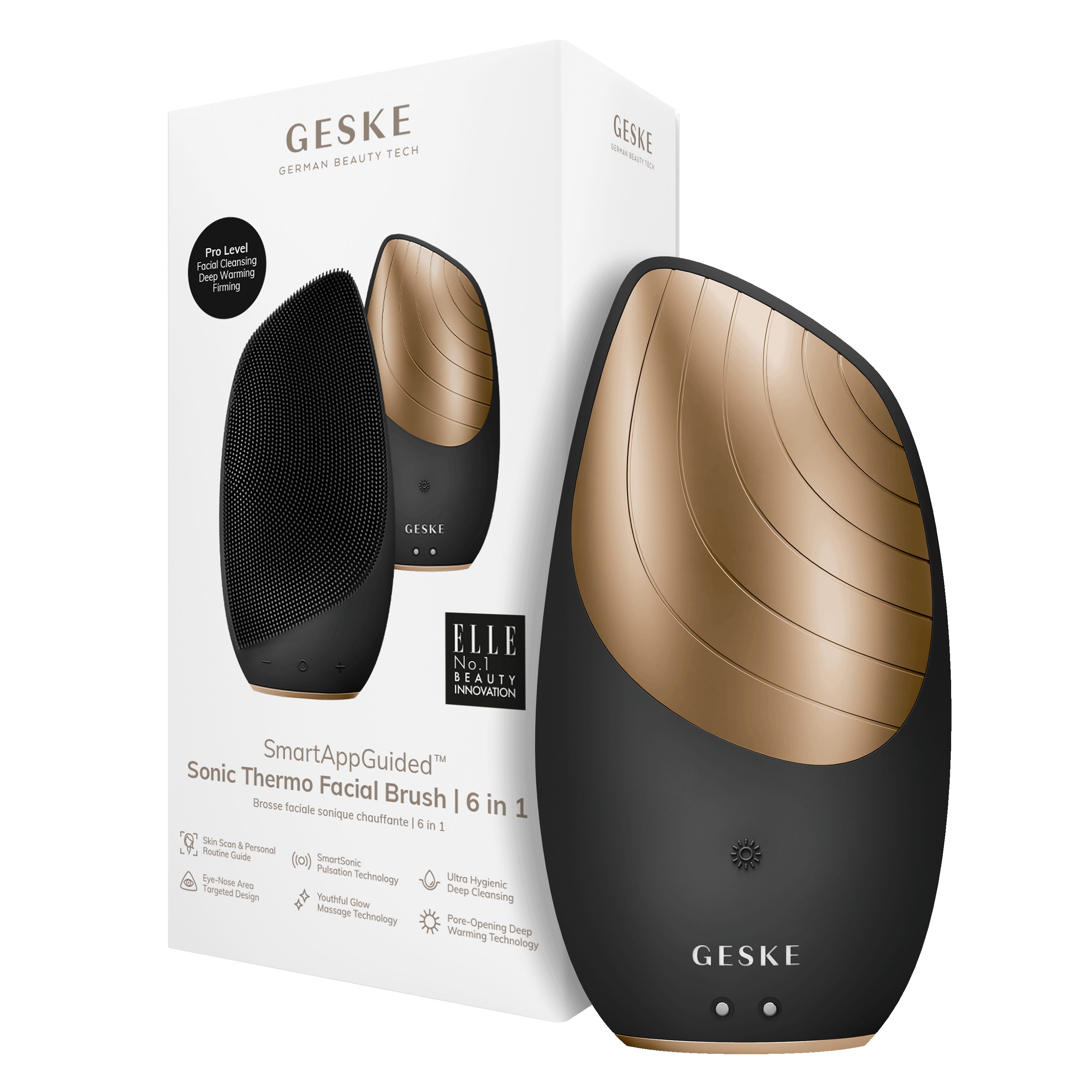 GESKE German Beauty Tech Elektrische Gesichtsreinigungsbürste SmartAppGuided™ Sonic Thermo Facial Brush 6 in 1, Packung (Gerät & USB-Ladekabel), 2-tlg., Gerät inkl. kostenloser APP (SmartAppGuided Device), Anti-Aging Massage-, SmartSonic Pulsation- & Tiefen-Wärme-Technologie