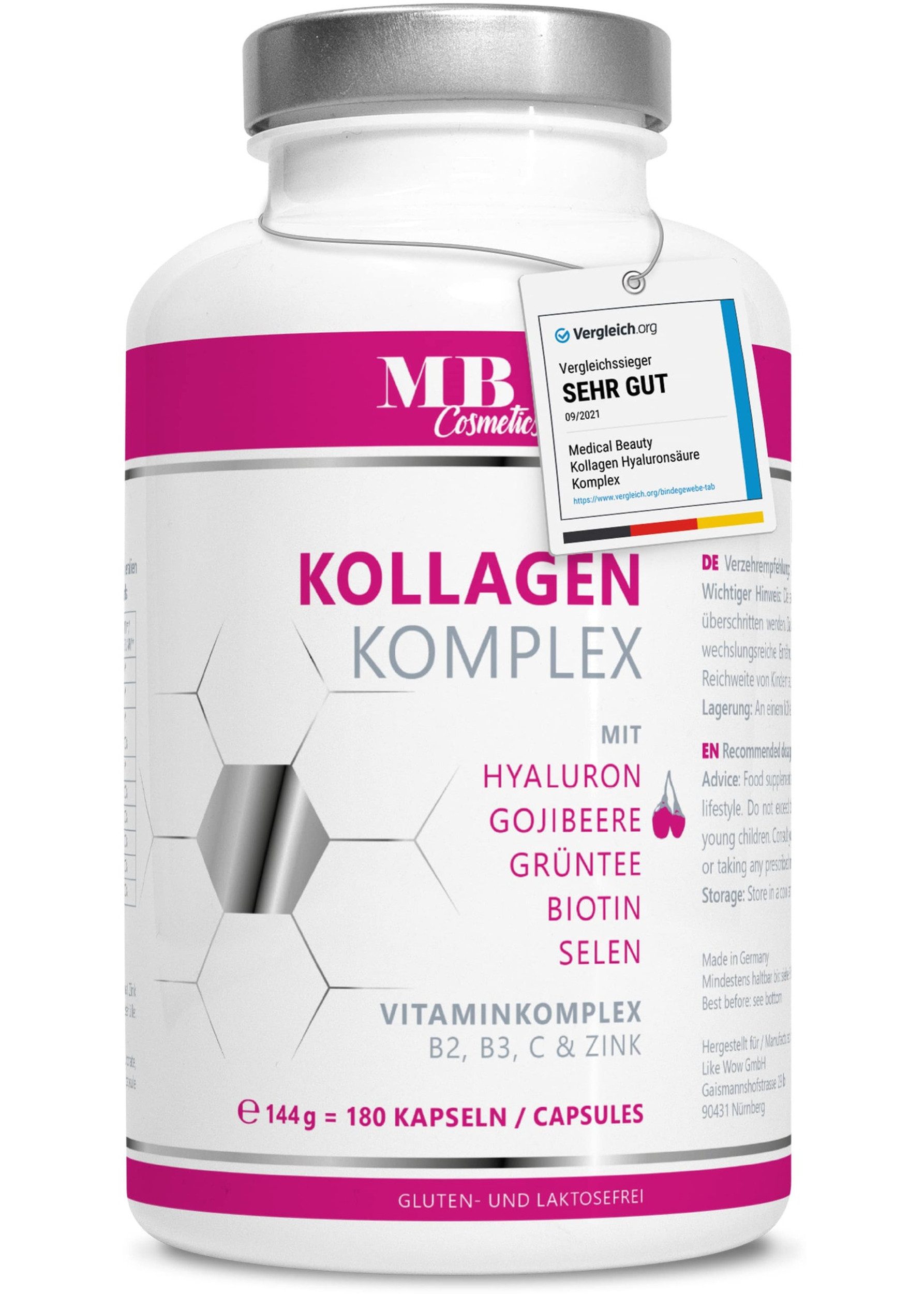 Medical Beauty Cosmetics Kollagen Hyaluron Komplex - 1000 mg mit Gojibeere, Biotin, Zink, 180 Kapseln, 1 er Packung à 144 g, Premium Kollagen Hydrolysat vom Weiderind, mit Grüntee & Selen