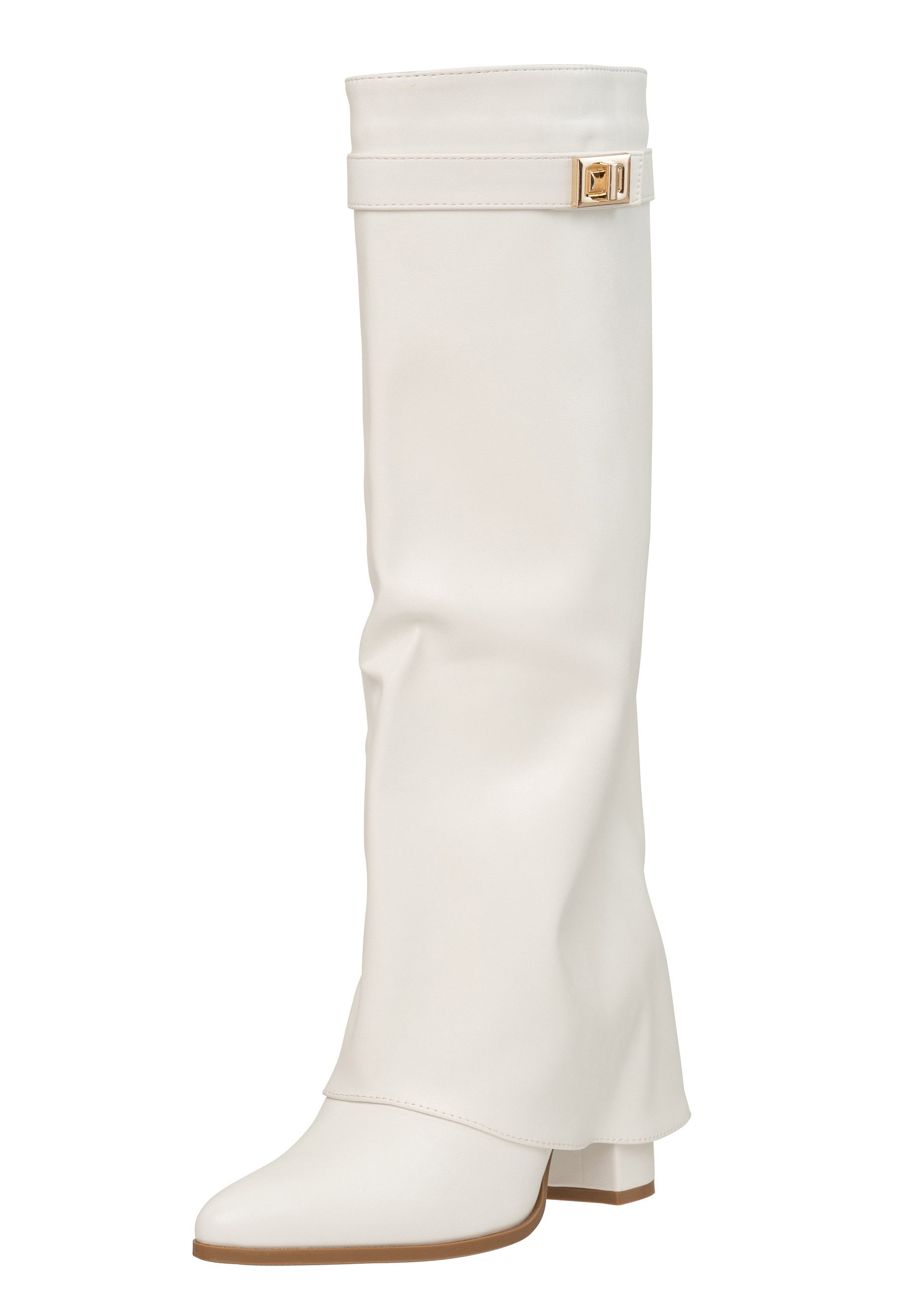Salinyang Damen Langschaftstiefel mit Overlay-Schaft, Riemen & Reißverschluss Stiefel