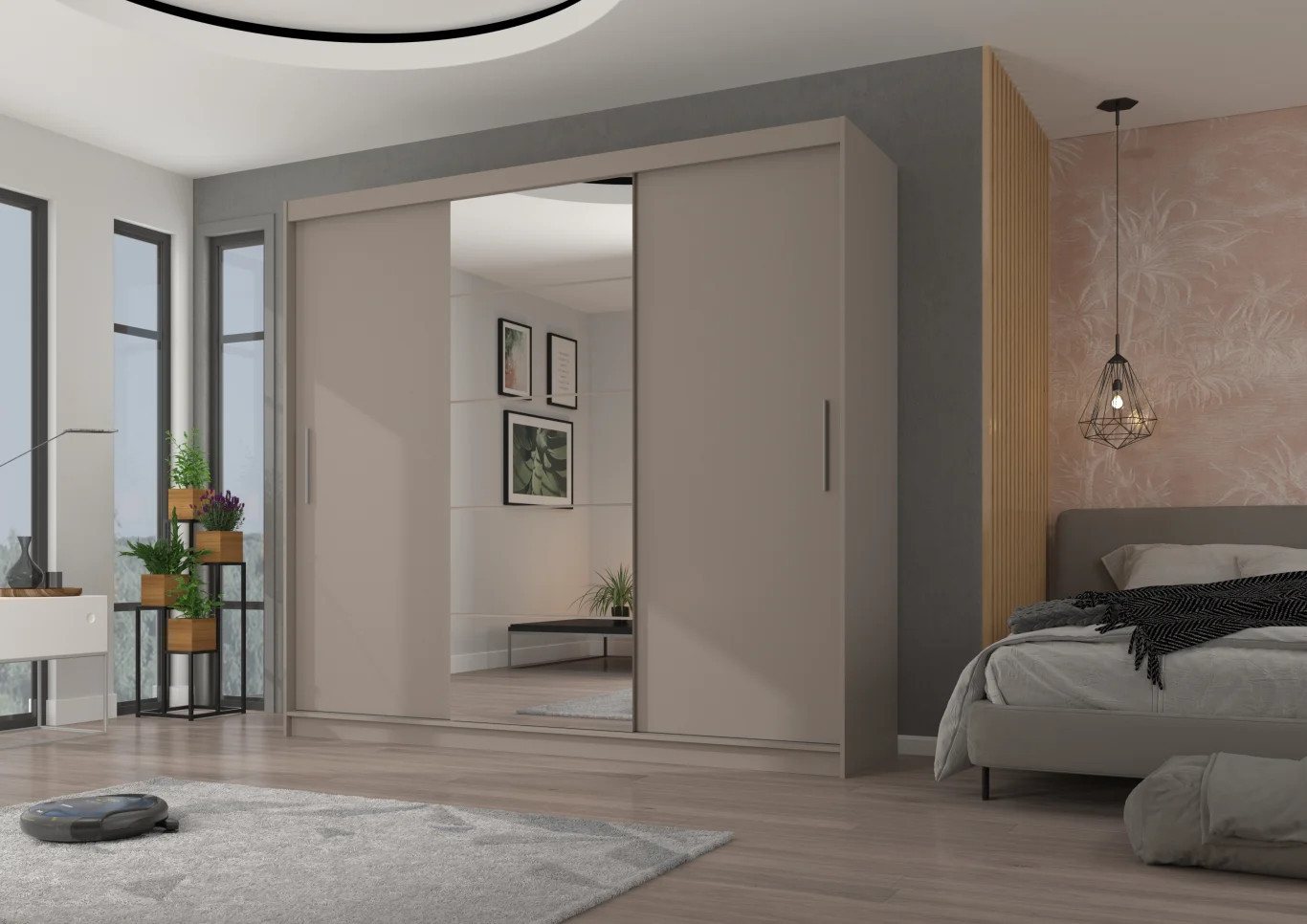 MOEBLO Schiebetürenschrank VALENTIS 235 (mit Spiegel und Schubladen – Kleiderschrank mit 3 Schiebetüren, Regalen und Kleiderstange – Moderner Garderobenschrank – Weiß / Kaschmir) (BxHxT): 235x215x59 cm