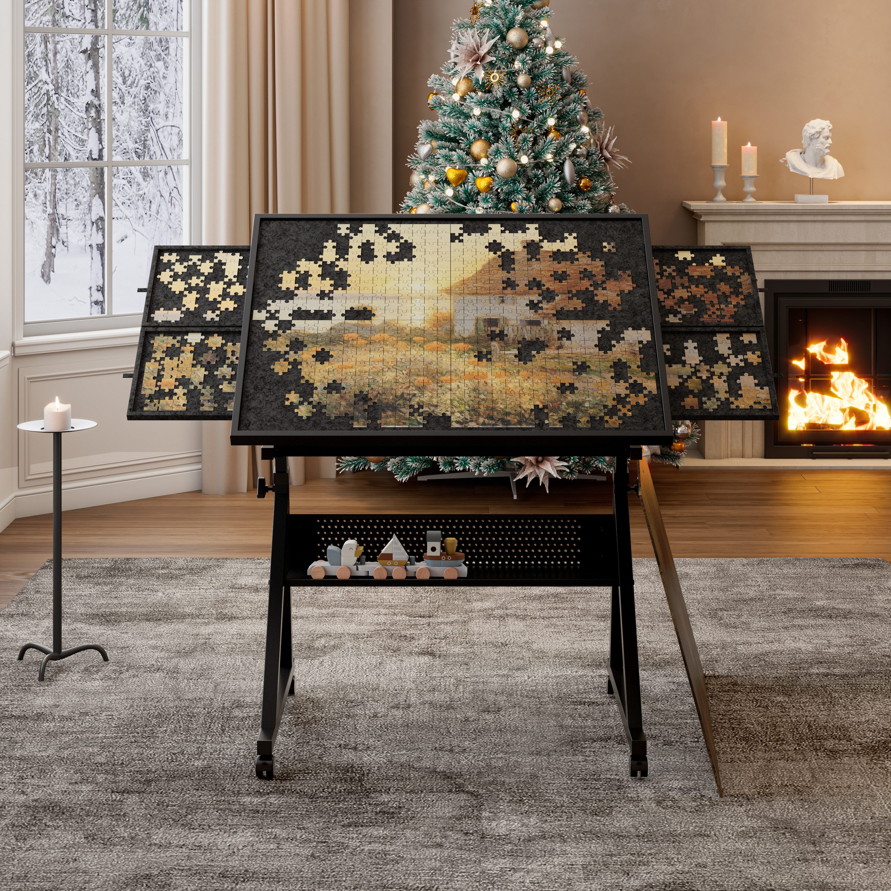 OKWISH Puzzleunterlage Puzzletischplatte aus Metall für 1500 Teile, (1, 1-tlg., für Erwachsene & Kinder als Geschenk), mit 4 schwarzen Sortierfächern