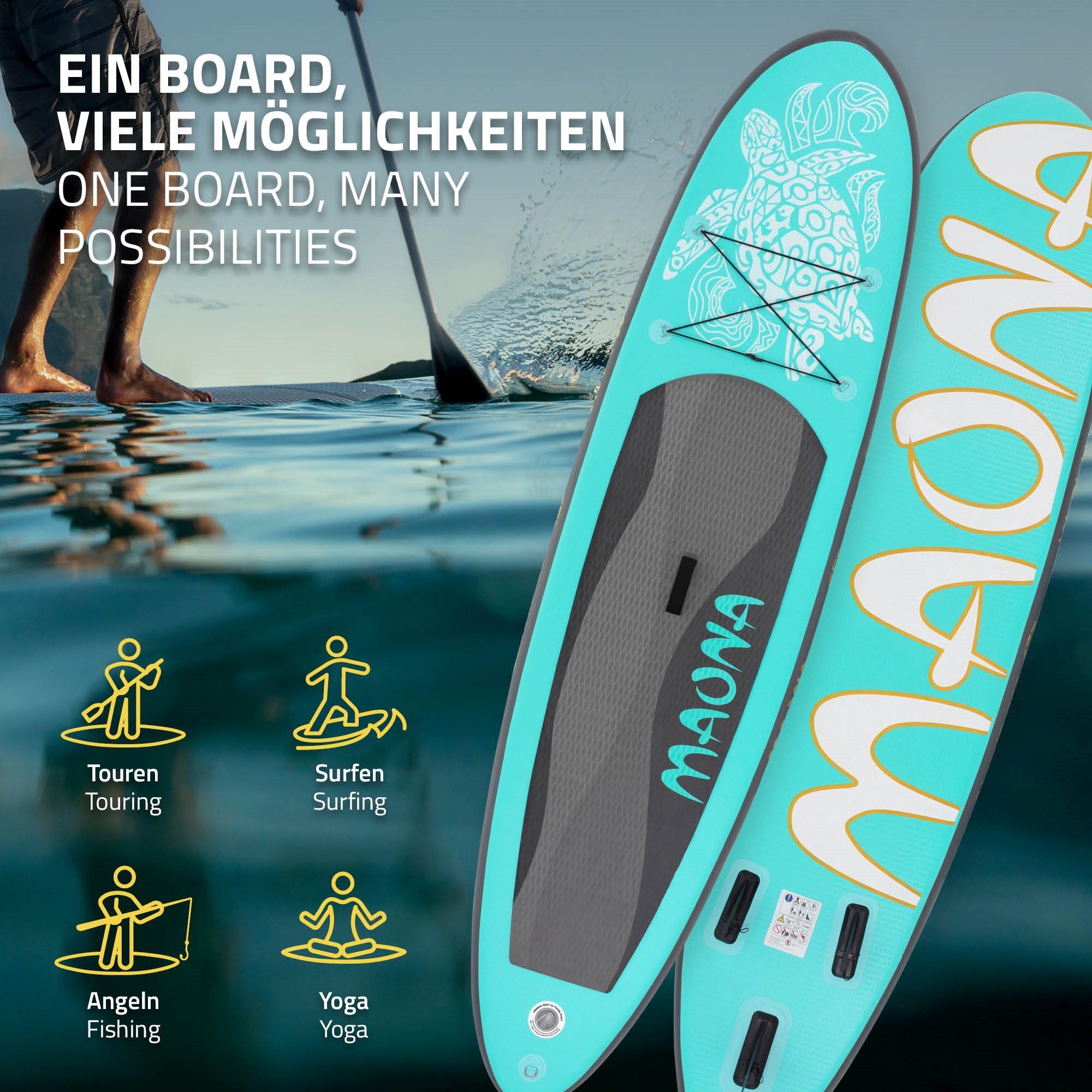 ECD Germany SUP-Board Aufblasbares Pumpe 308x76x10cm Stand Board Surfboard, Up bis Paddle Maona PVC Zubehör 120kg Tragetasche Türkis
