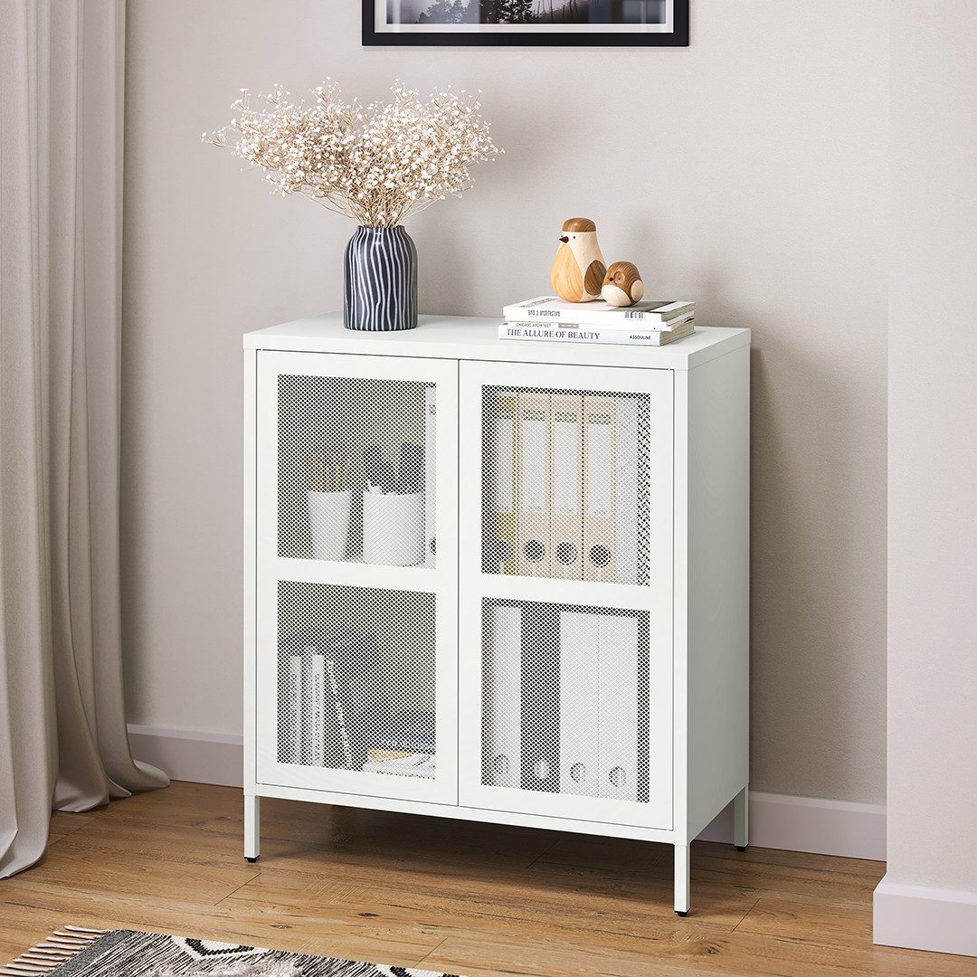 skølm Kommode Zephyr mit Push-to-open-Türen (Weiß, mit Füßen), Metallschrank mit höhenverstellbarem Eingeleboden, Sideboard