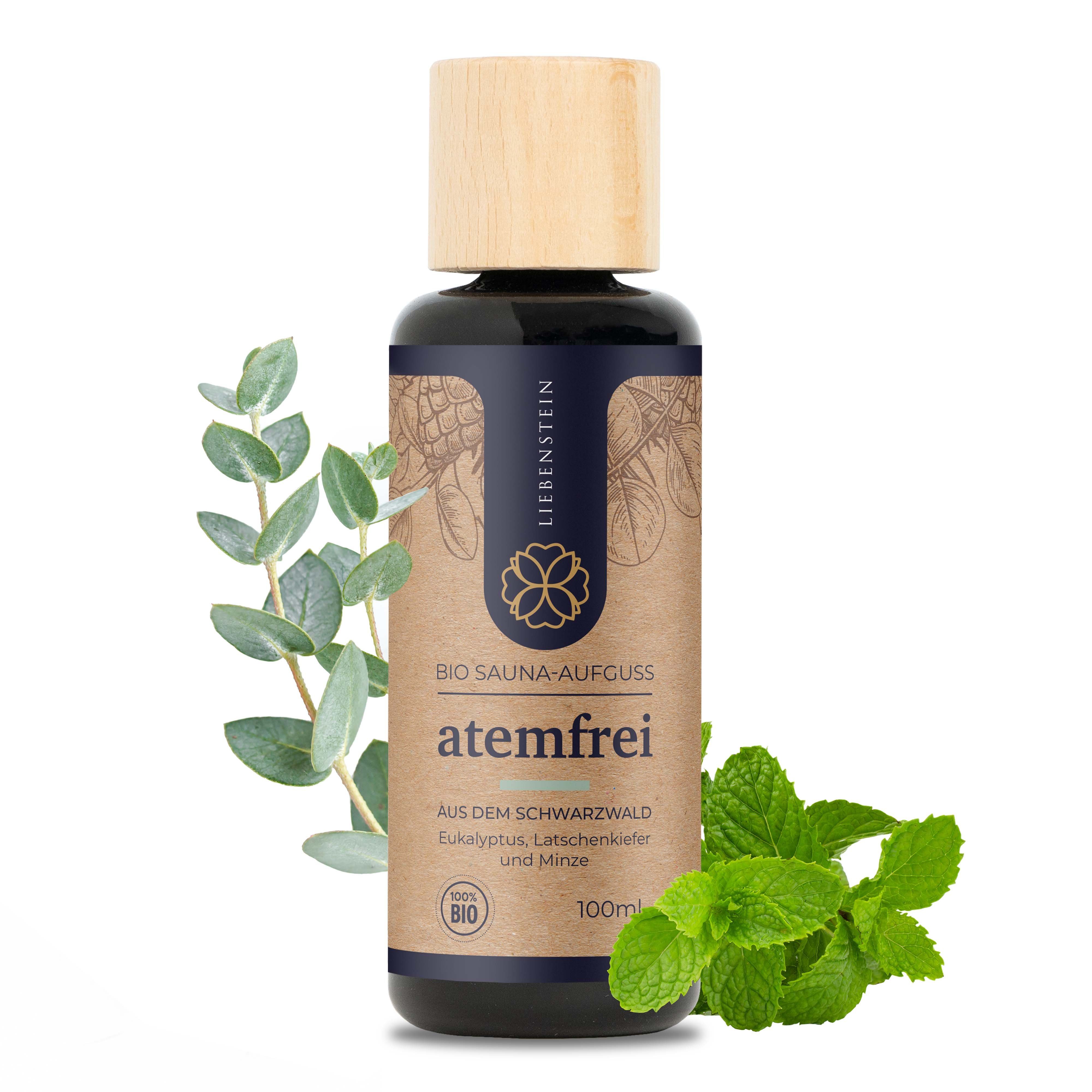 Liebenstein Sauna-Aufgussset BIO Saunaaufguss "Atemfrei" (1-tlg., mit 100% naturreinen Bio Ölen – regional und nachhaltig) Eukalyptus, Latschenkiefer & Minze [1x100ml Sauna Aufgussmittel]