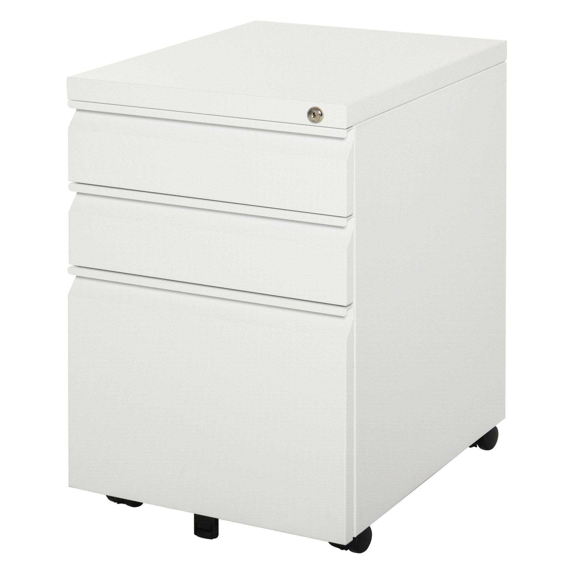 Vinsetto Rollcontainer Aktenschrank mit 3 Schubladen, Büroschrank mit Rollen abschließbar, (Büroschrank, 1 St., Bürocontainer), Stahl Weiß 39 x 48 x 60 cm – Bild 2 von 5