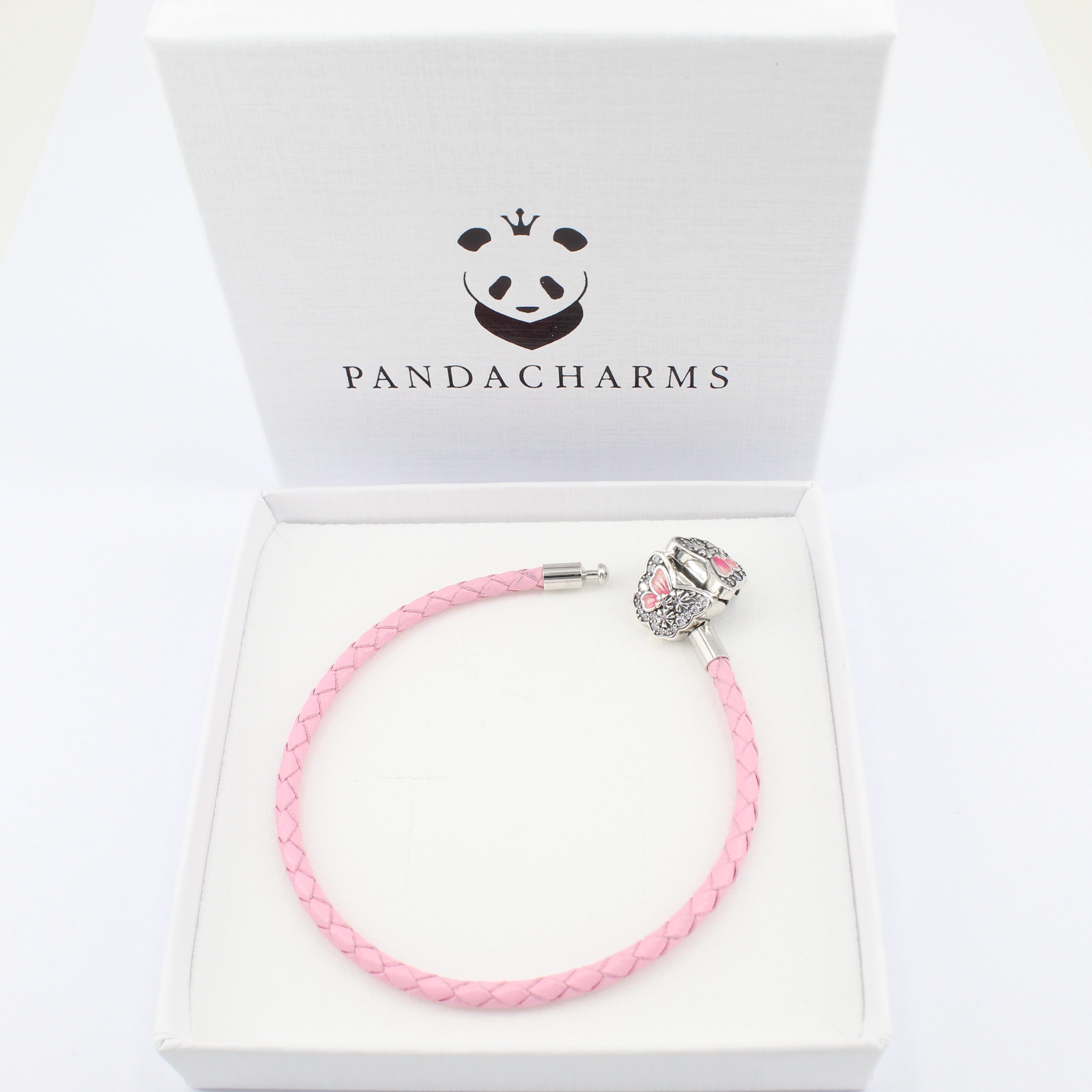 PANDACHARMS Charm-Armband Rosa Leder Charm Armband Schmetterling, 16-21cm, Verschluss aus Silber
