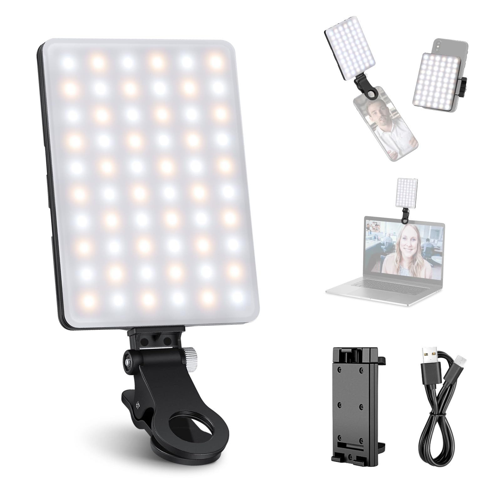 Neewer Videoleuchte NL-60AI Basic Clip On Selfie Licht kompatibel mit iPhone, 2000mAh wiederaufladbares LED Videolicht mit Handy Clamp, für Laptop