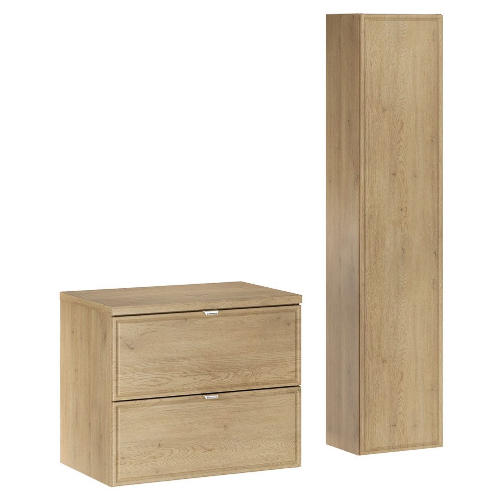 Lomadox Badmöbel-Set TEMUCO-56-CREMONA, (Spar-Set, 2-St., Waschtischunterschrank Hochschrank), in Eiche mit Rahmenfräsung, wandhängend