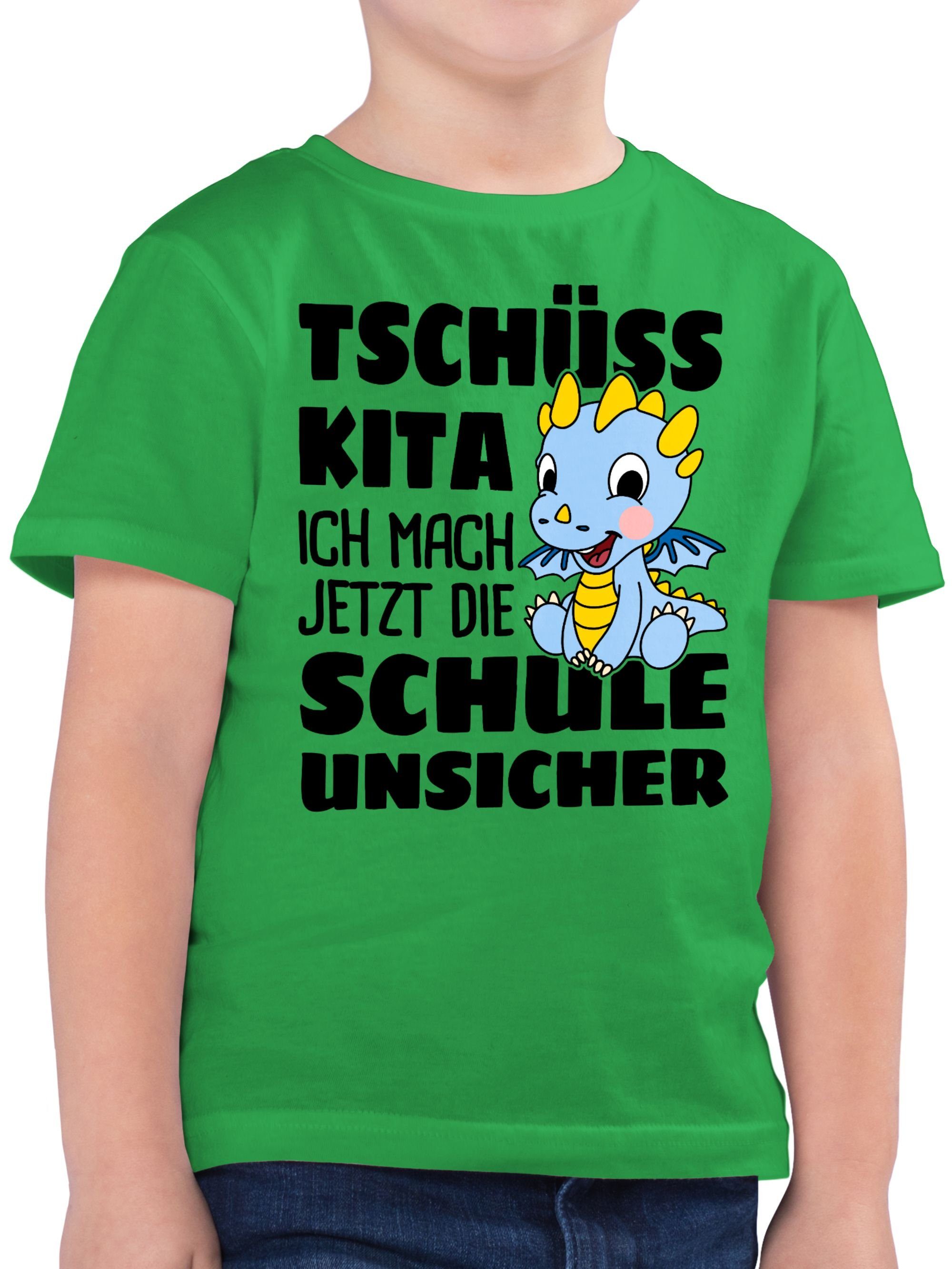 Shirtracer T-Shirt Tschüss Kita ich mach jetzt die Schule unsicher! Mit blauem Drachen Einschulung Junge Schulanfang Geschenke 1 Grün