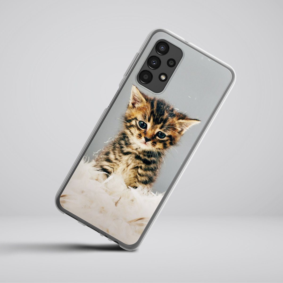 DeinDesign Handyhülle Katze Haustier Feder Kitty, Samsung Galaxy A13 4G Silikon Hülle Bumper Case Handy Schutzhülle
