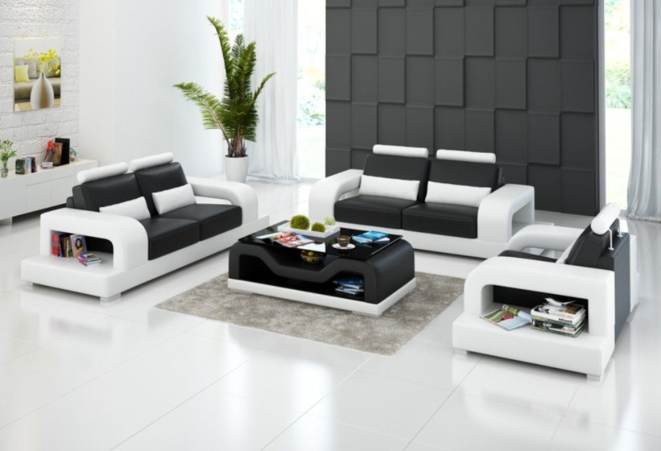 Ledersofas JVmoebel Europe Wohnlandschaft Made Sofa 3+2+1 Sitzer, in Schwarz-weiße