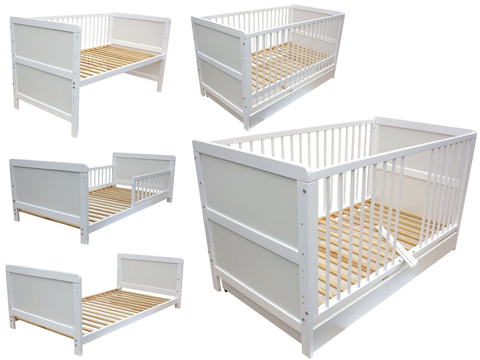 Kinderbett Kinderbett Juniorbett Beistellbett 140x70cm 3in1 weiß mit Schublade
