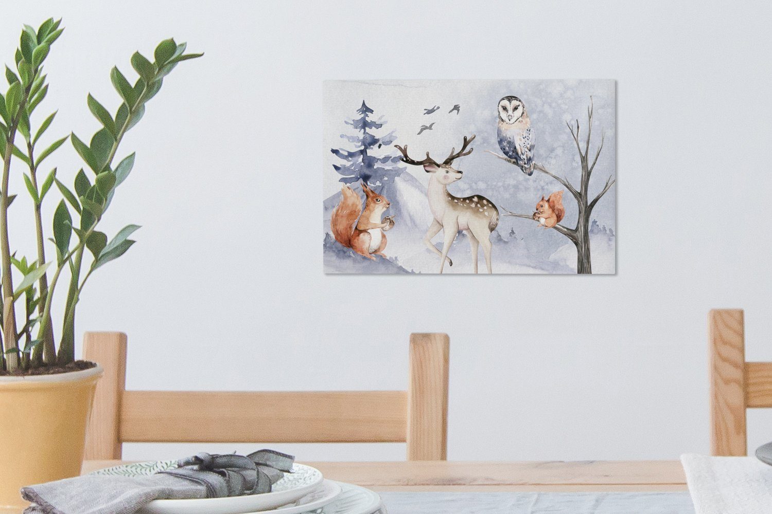 OneMillionCanvasses® Leinwandbild Winter - Schnee 30x20 (1 cm - Leinwandbilder, Wandbild Aufhängefertig, Hirsche, St), Wanddeko