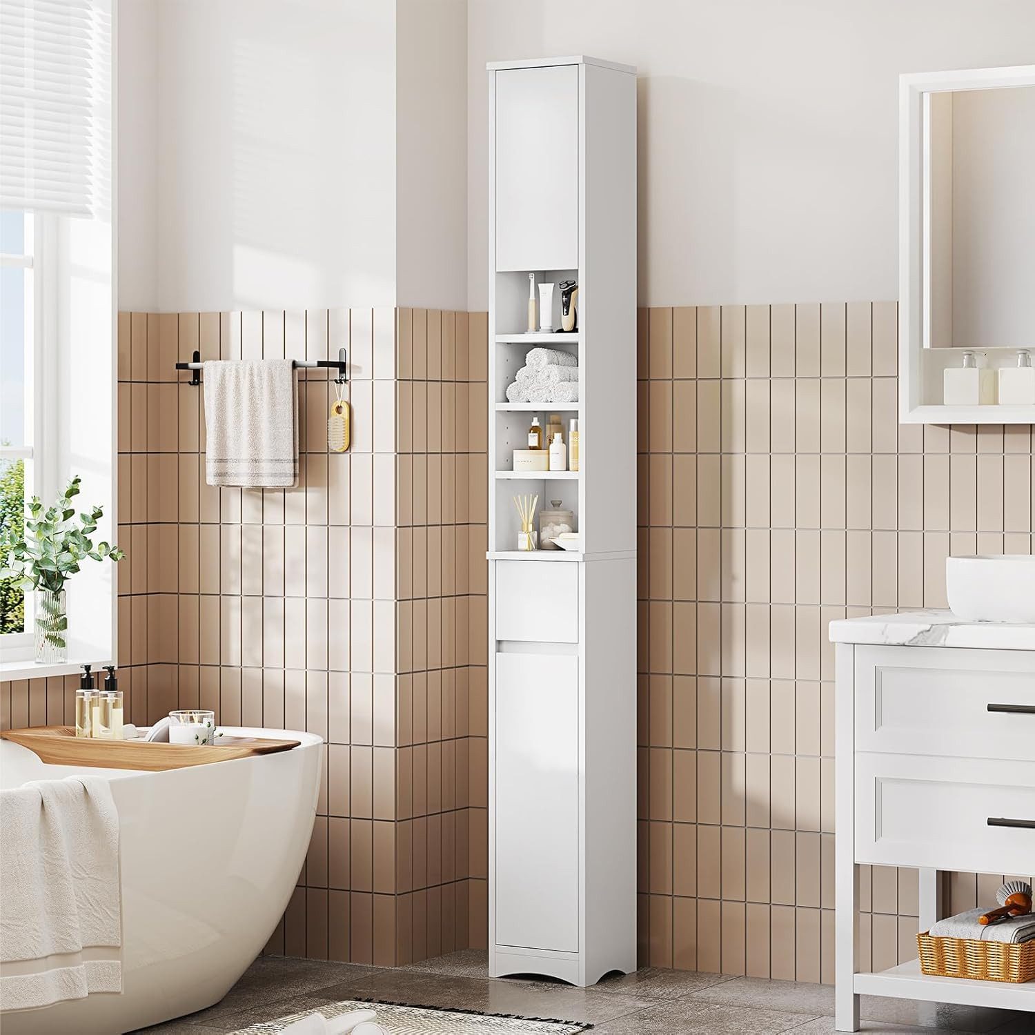 MSMASK Badkommode Badezimmerschrank, Badschrank mit 4 offenen Ablagen und 1 Schublade, Strapazierfähig, Kippschutz, Kratzfest