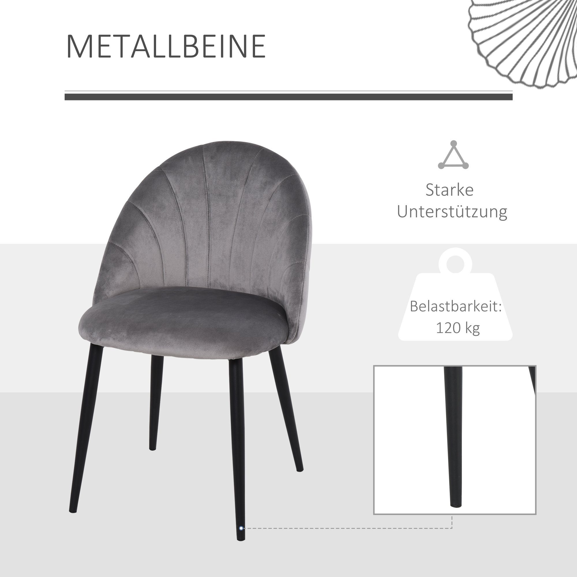 Bürostuhl Samt mit 2er Rückenlehne Küchenstuhl Metall (Set, HOMCOM Grau Set Esszimmerstuhl 2 St),